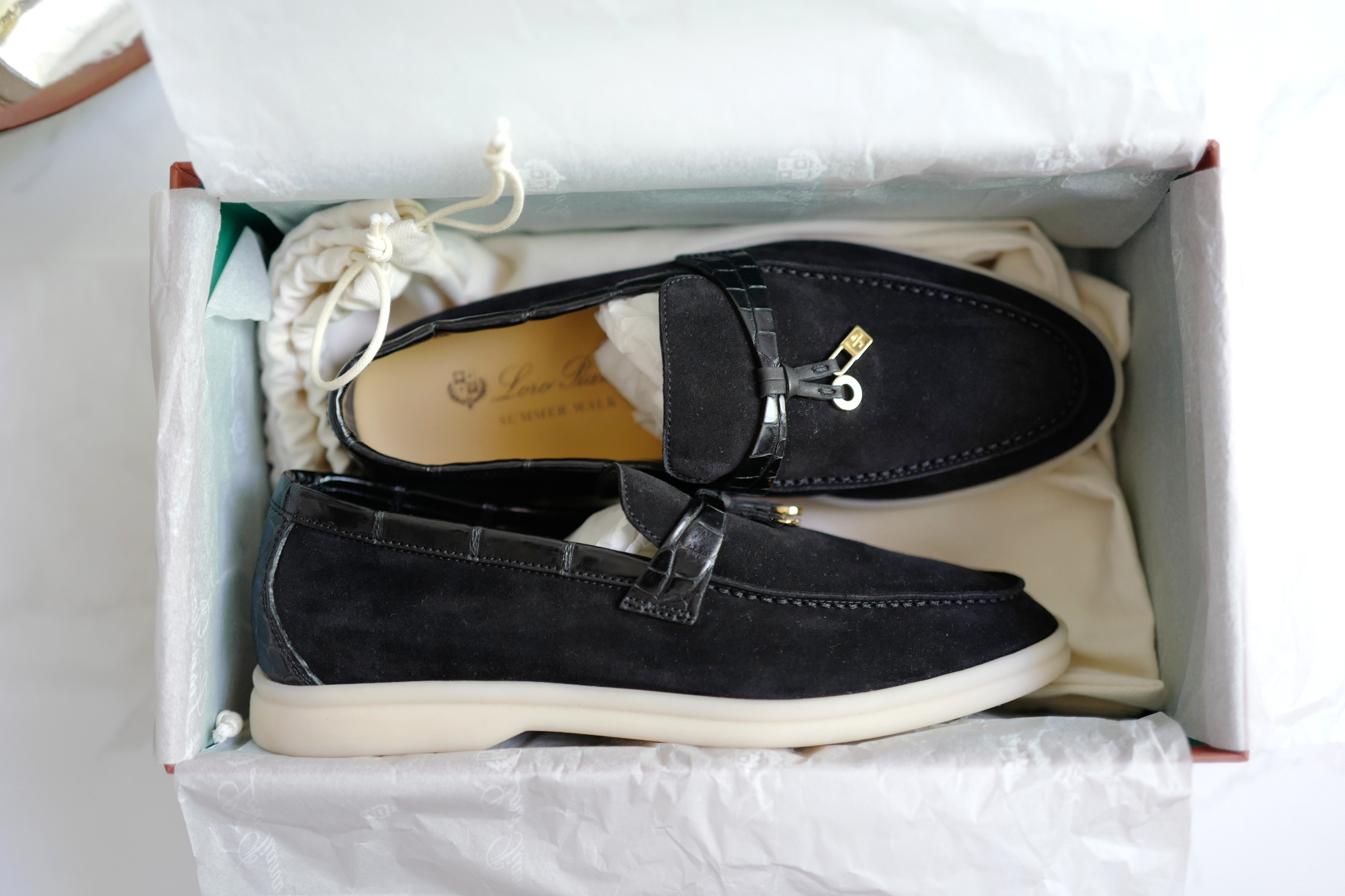 BNIB Loro Piana Summer Charms Walk Loafers In Black Suede Alligator strap Size 37