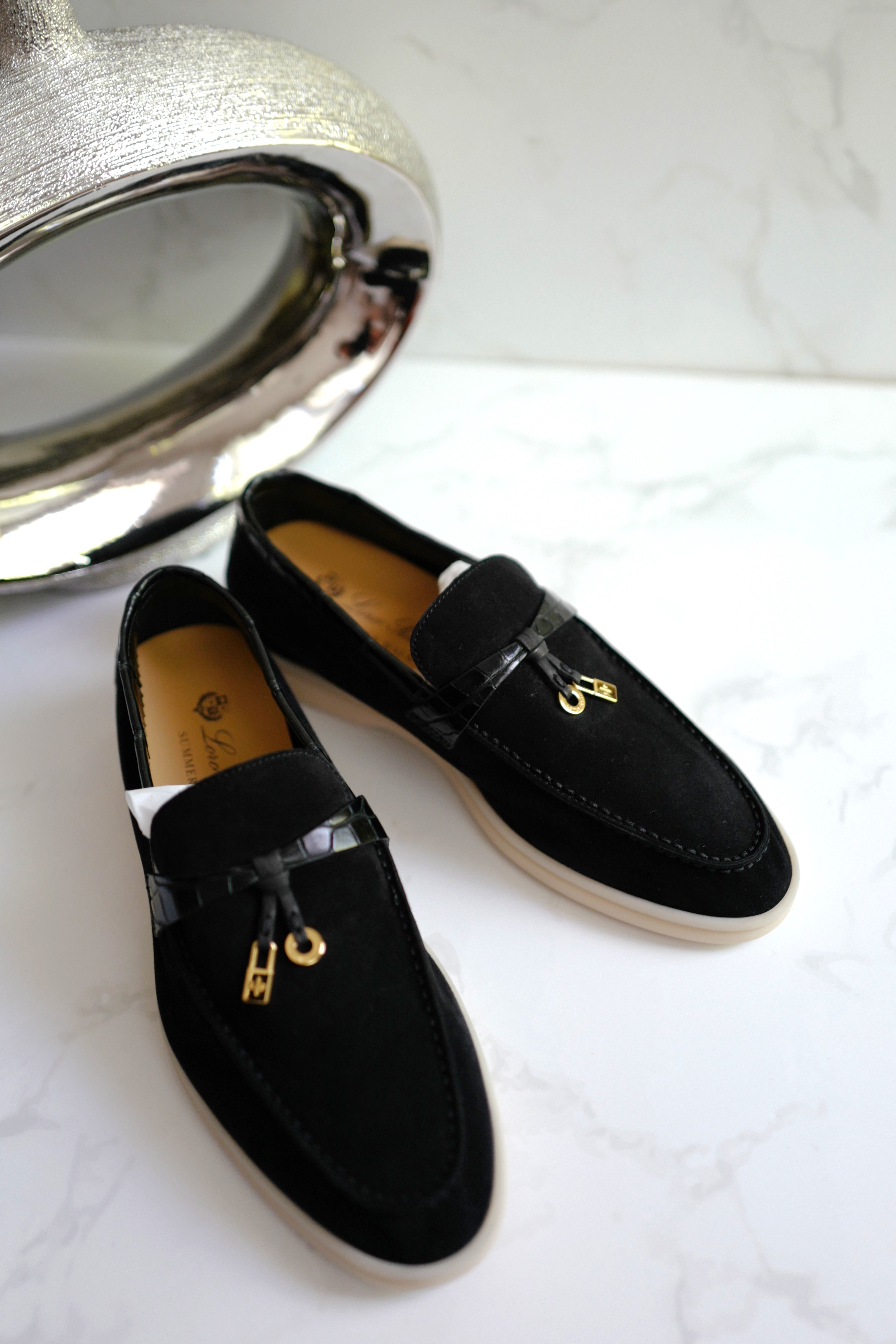 BNIB Loro Piana Summer Charms Walk Loafers In Black Suede Alligator strap Size 37