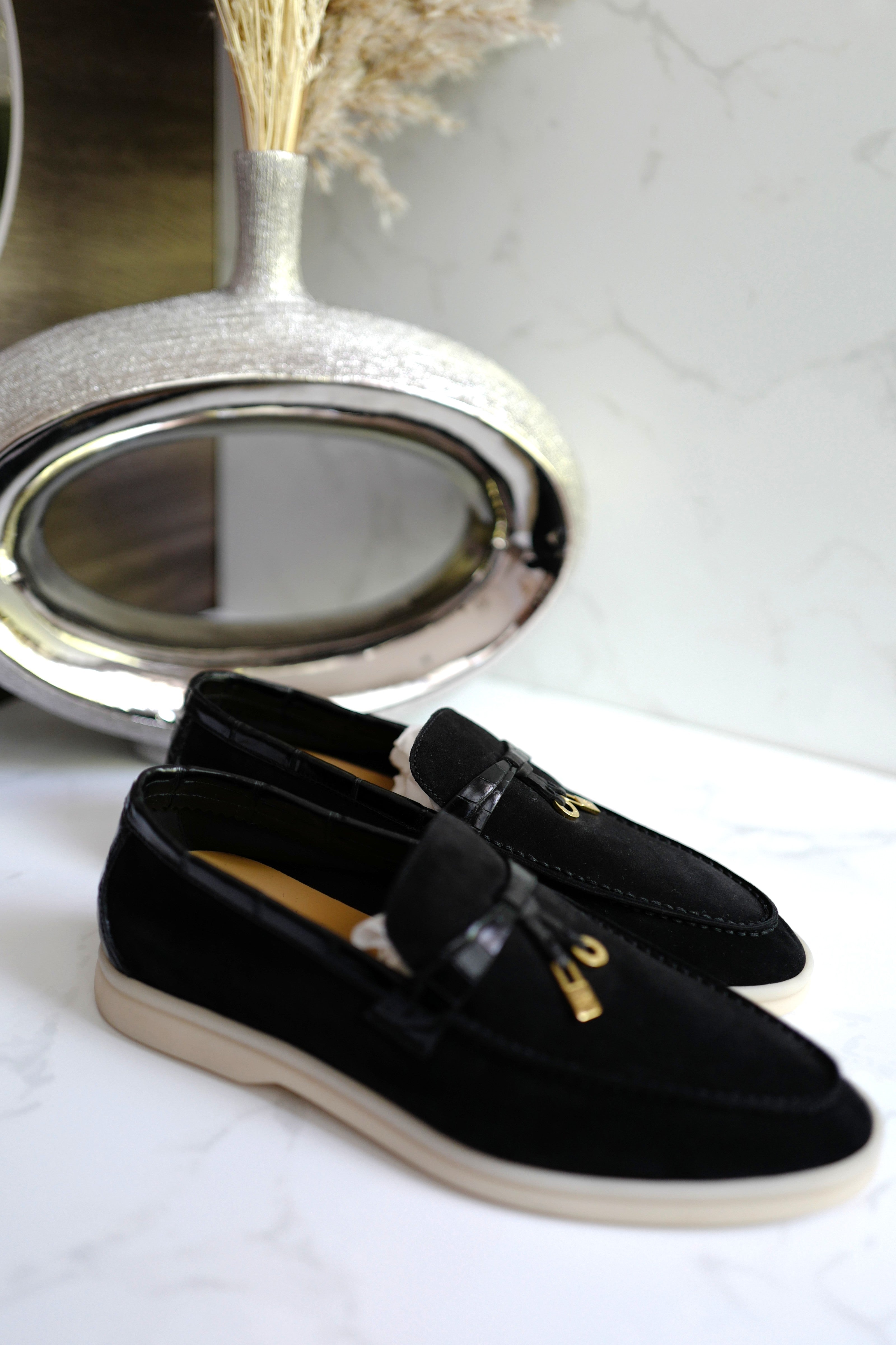 BNIB Loro Piana Summer Charms Walk Loafers In Black Suede Alligator strap Size 37