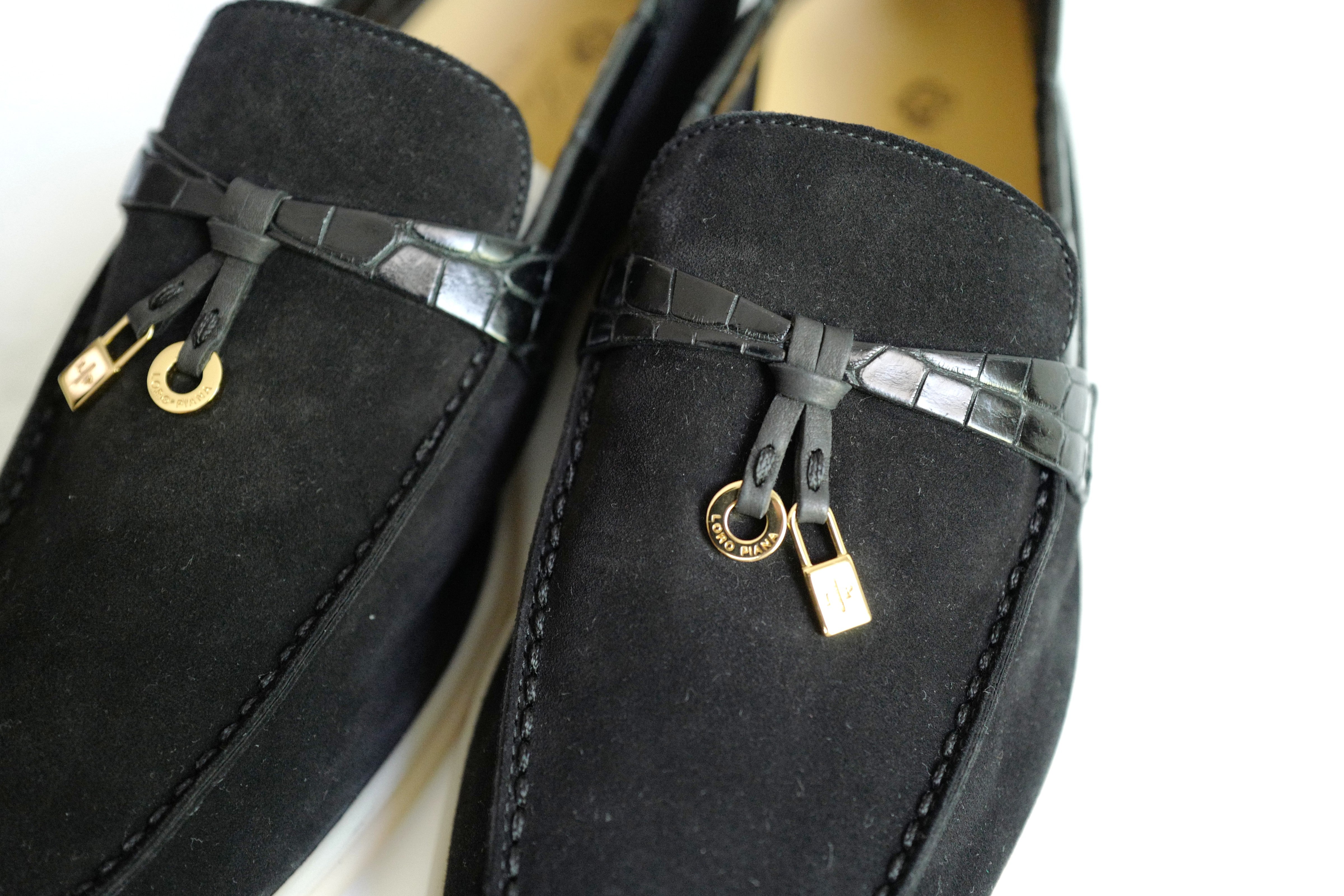 BNIB Loro Piana Summer Charms Walk Loafers In Black Suede Alligator strap Size 37