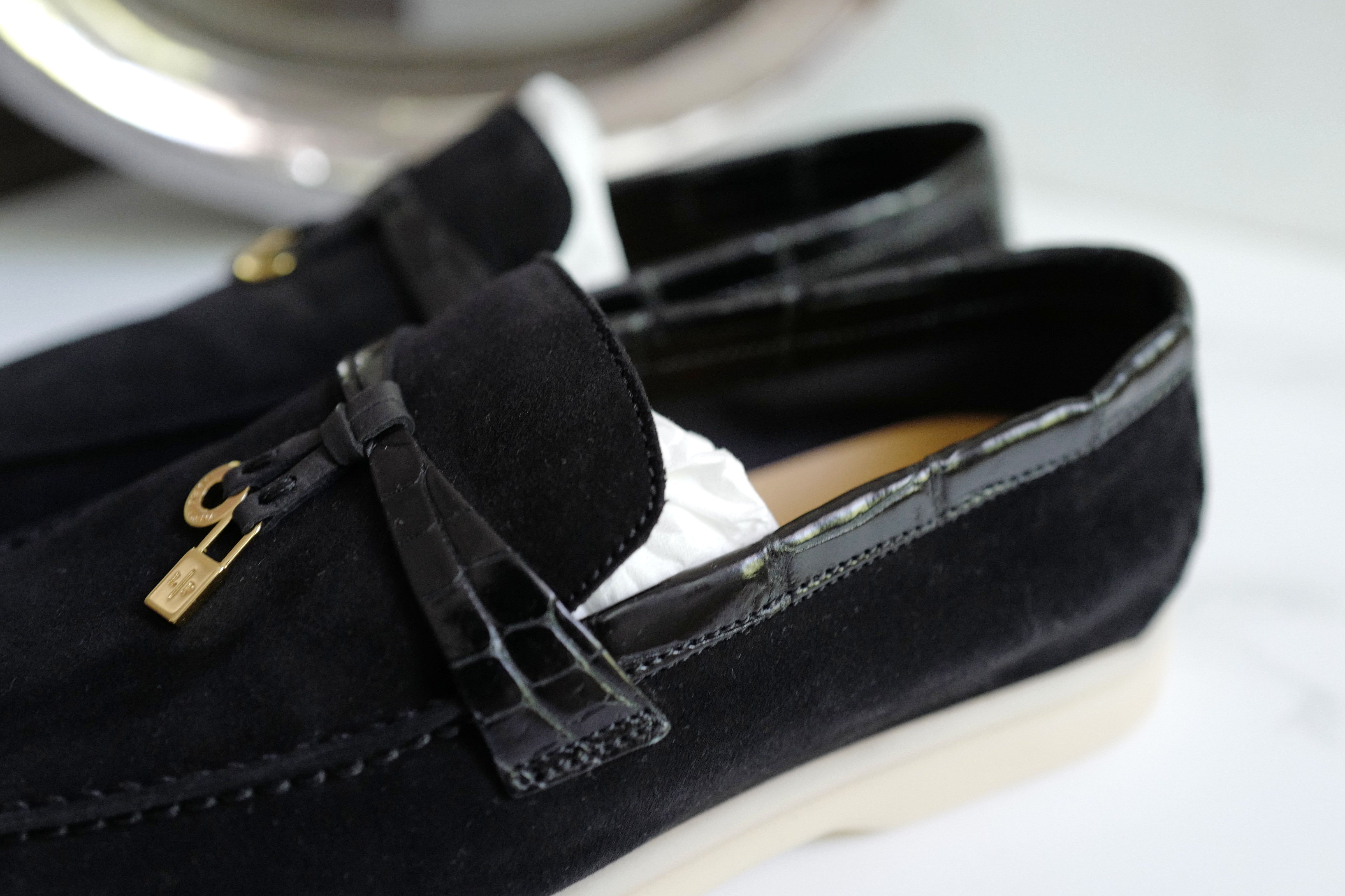 BNIB Loro Piana Summer Charms Walk Loafers In Black Suede Alligator strap Size 37