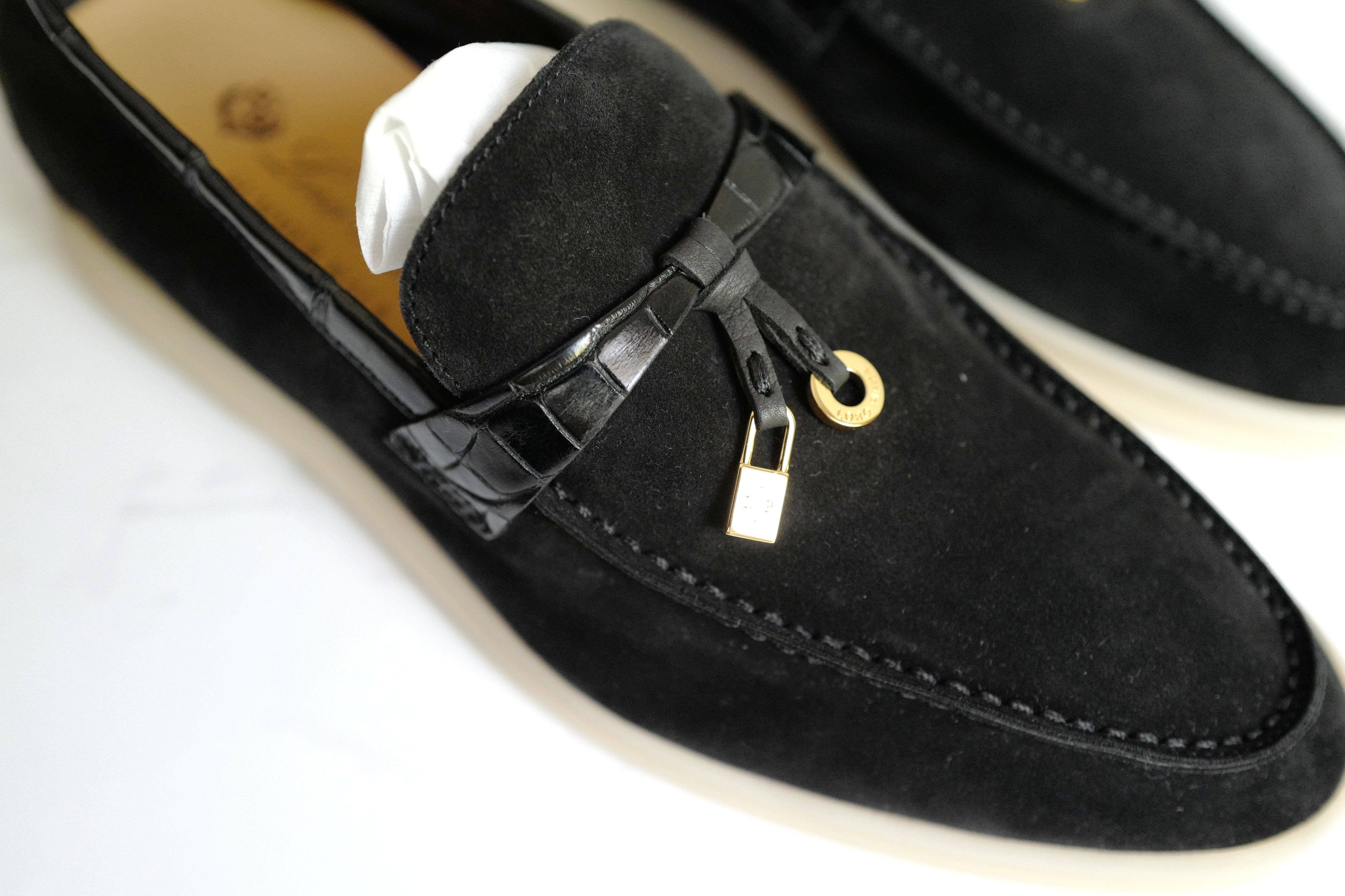 BNIB Loro Piana Summer Charms Walk Loafers In Black Suede Alligator strap Size 37