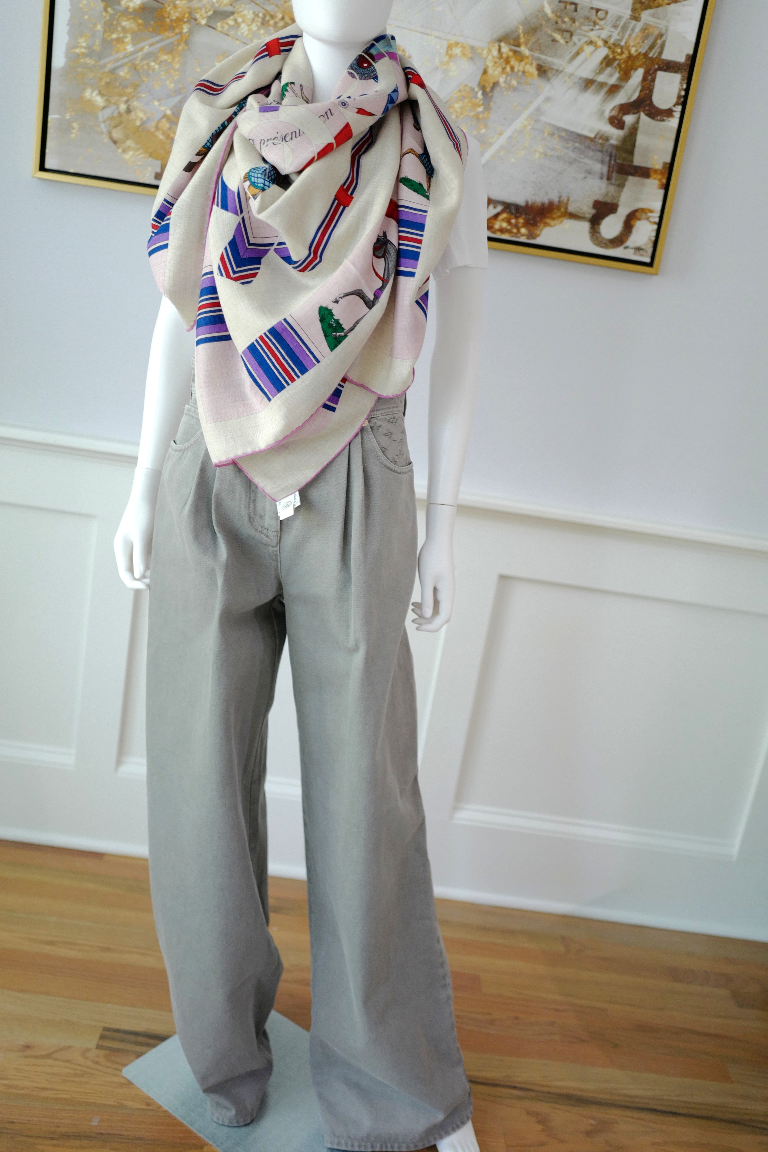 NEW Hermès Eperon d'Or et Tenues de Jour Shawl 140 in Naturel / Rose / Bleu