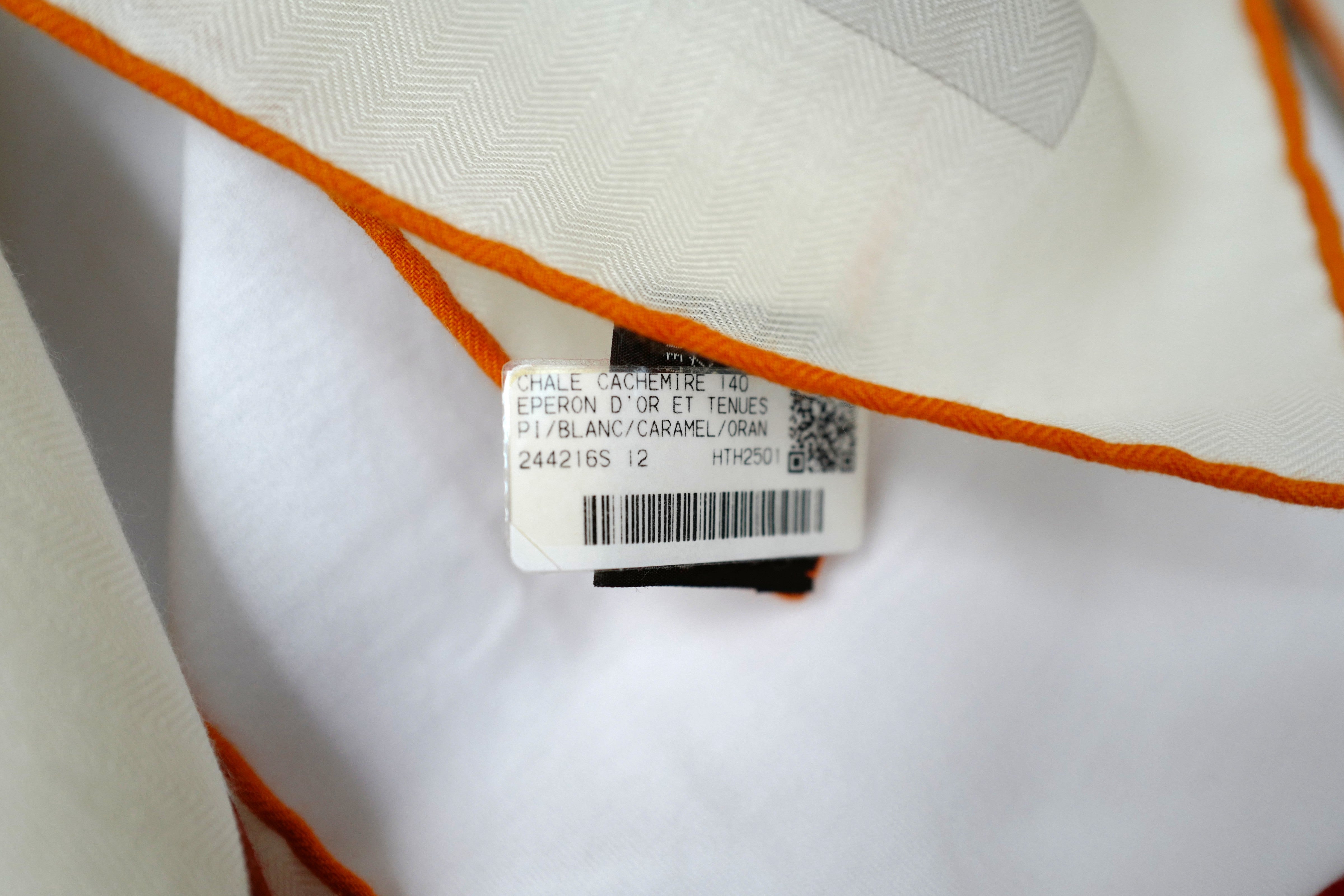 NEW Hermès Eperon d'Or et Tenues de Jour Shawl 140 in Blanc / Caramel / Orange