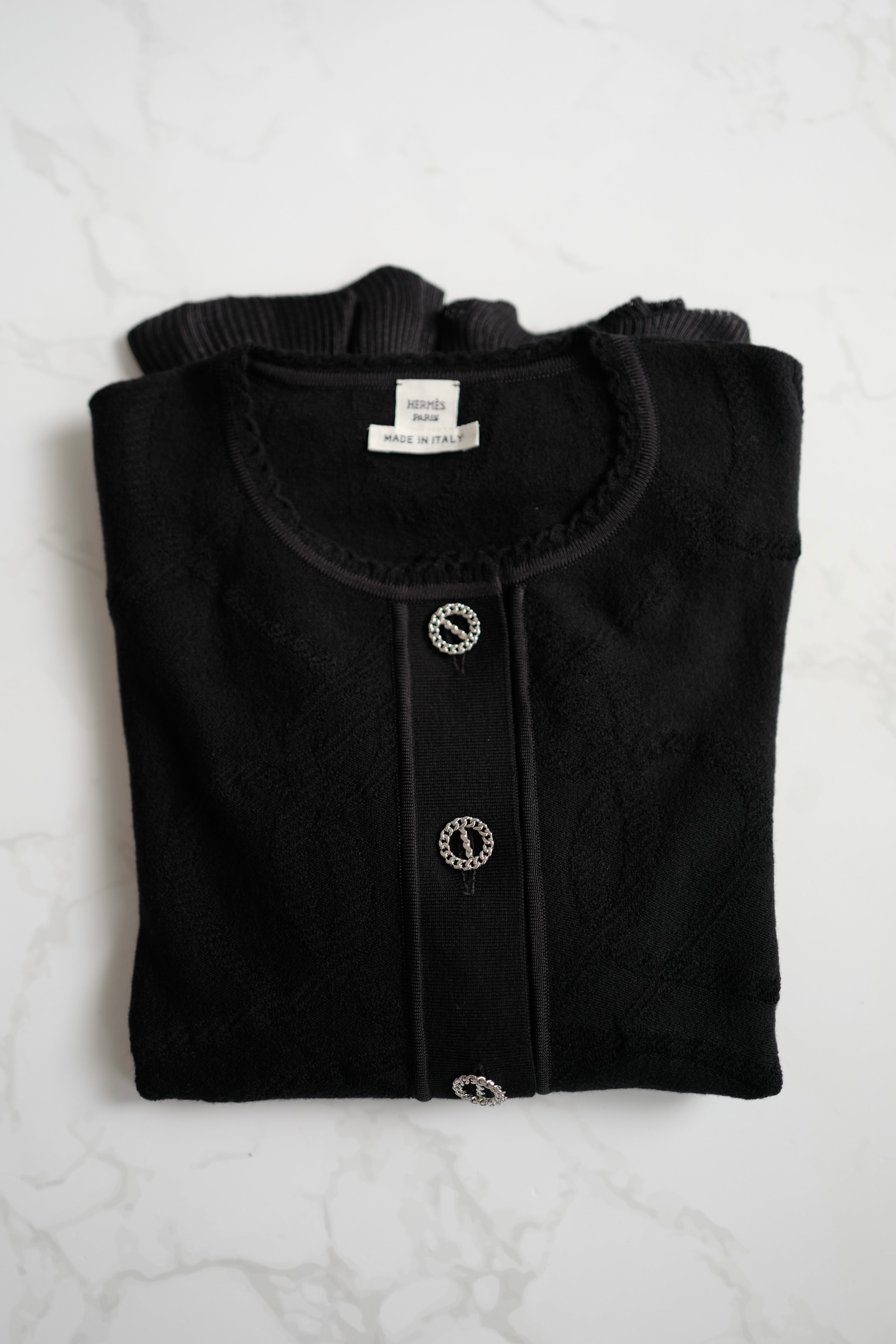 New Hermès Women’s Black Button Front Cardigan with Pleated Hem Size 36