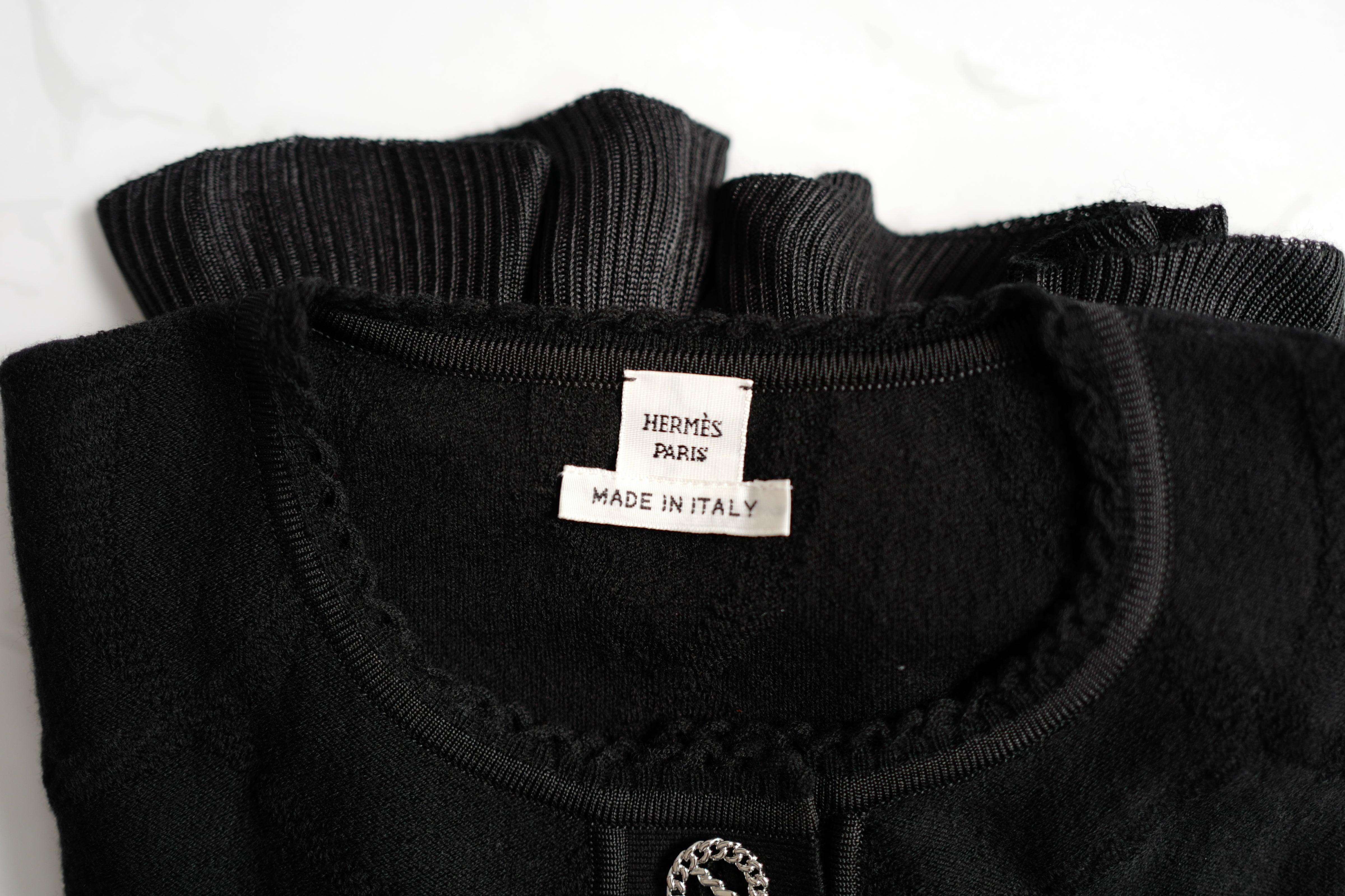 New Hermès Women’s Black Button Front Cardigan with Pleated Hem Size 36
