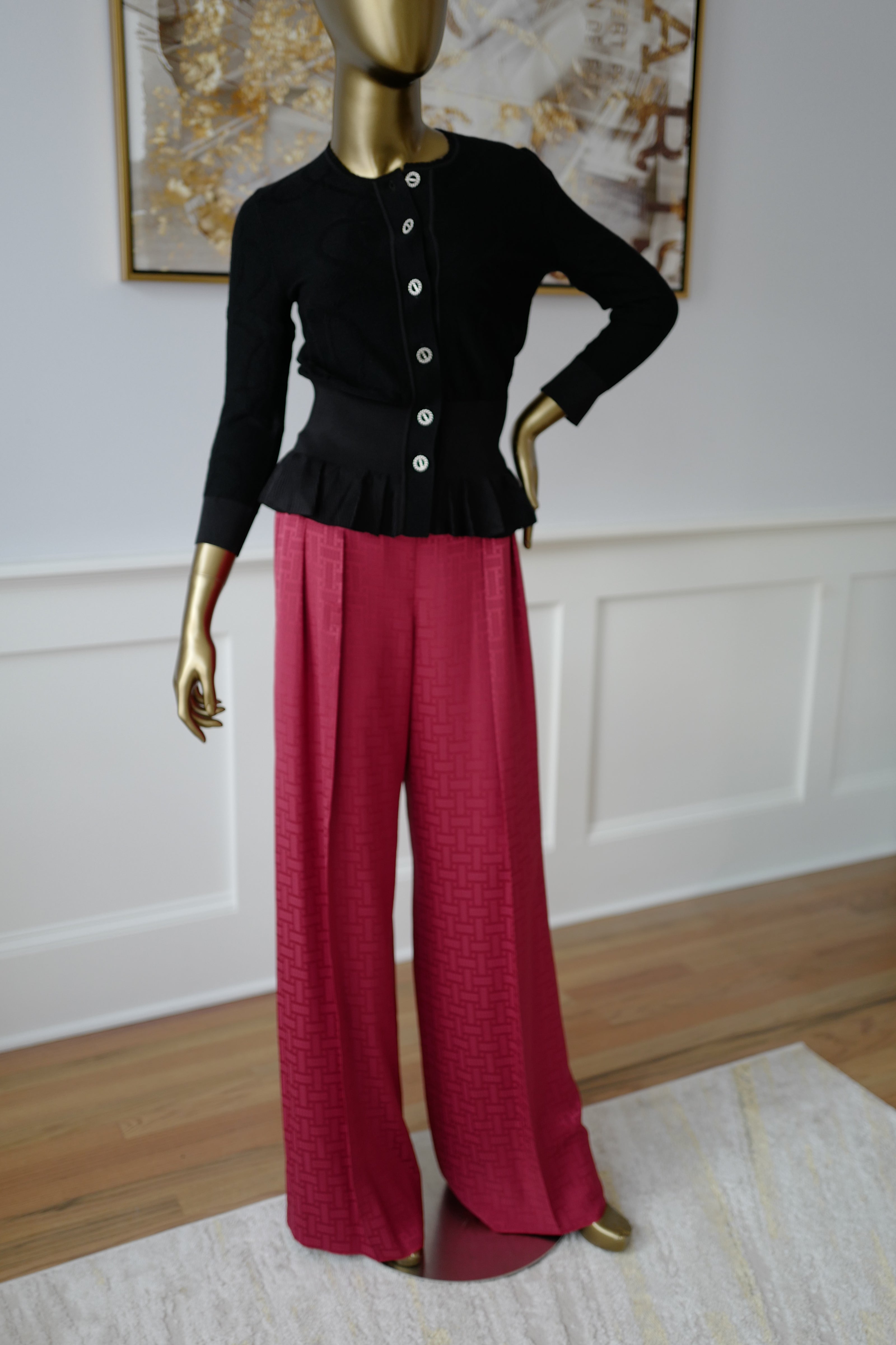New Hermès Women’s Black Button Front Cardigan with Pleated Hem Size 36