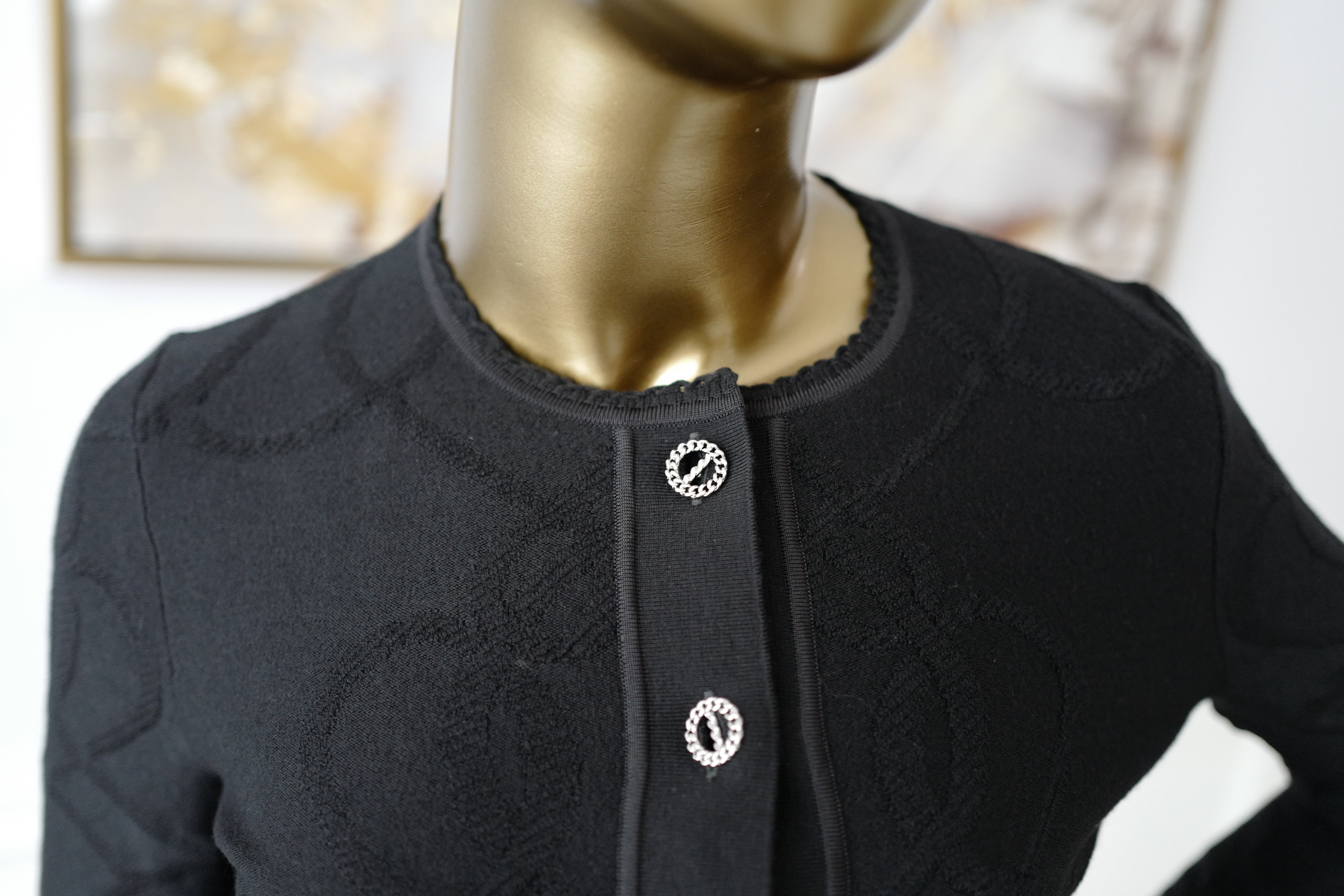 New Hermès Women’s Black Button Front Cardigan with Pleated Hem Size 36