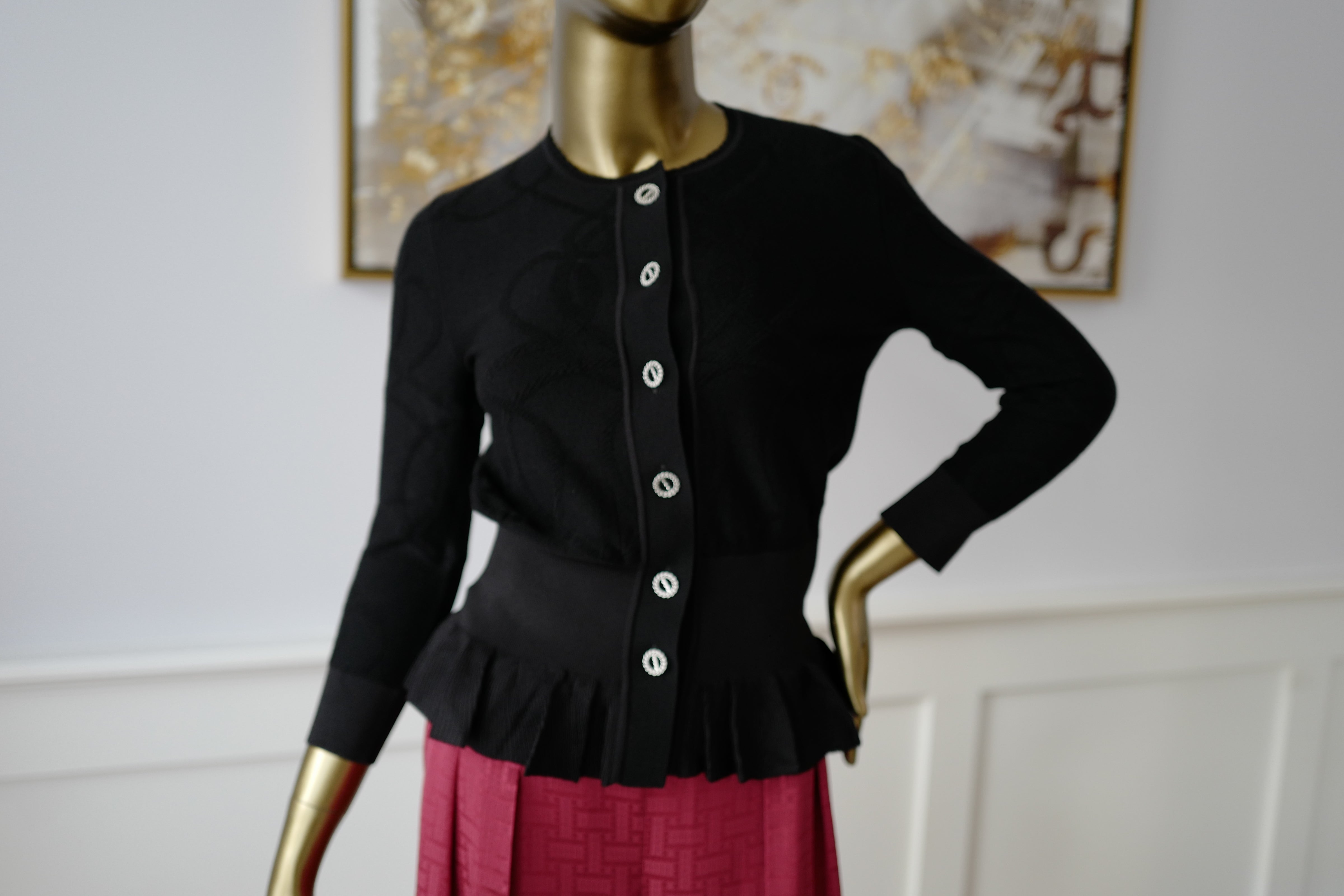 New Hermès Women’s Black Button Front Cardigan with Pleated Hem Size 36