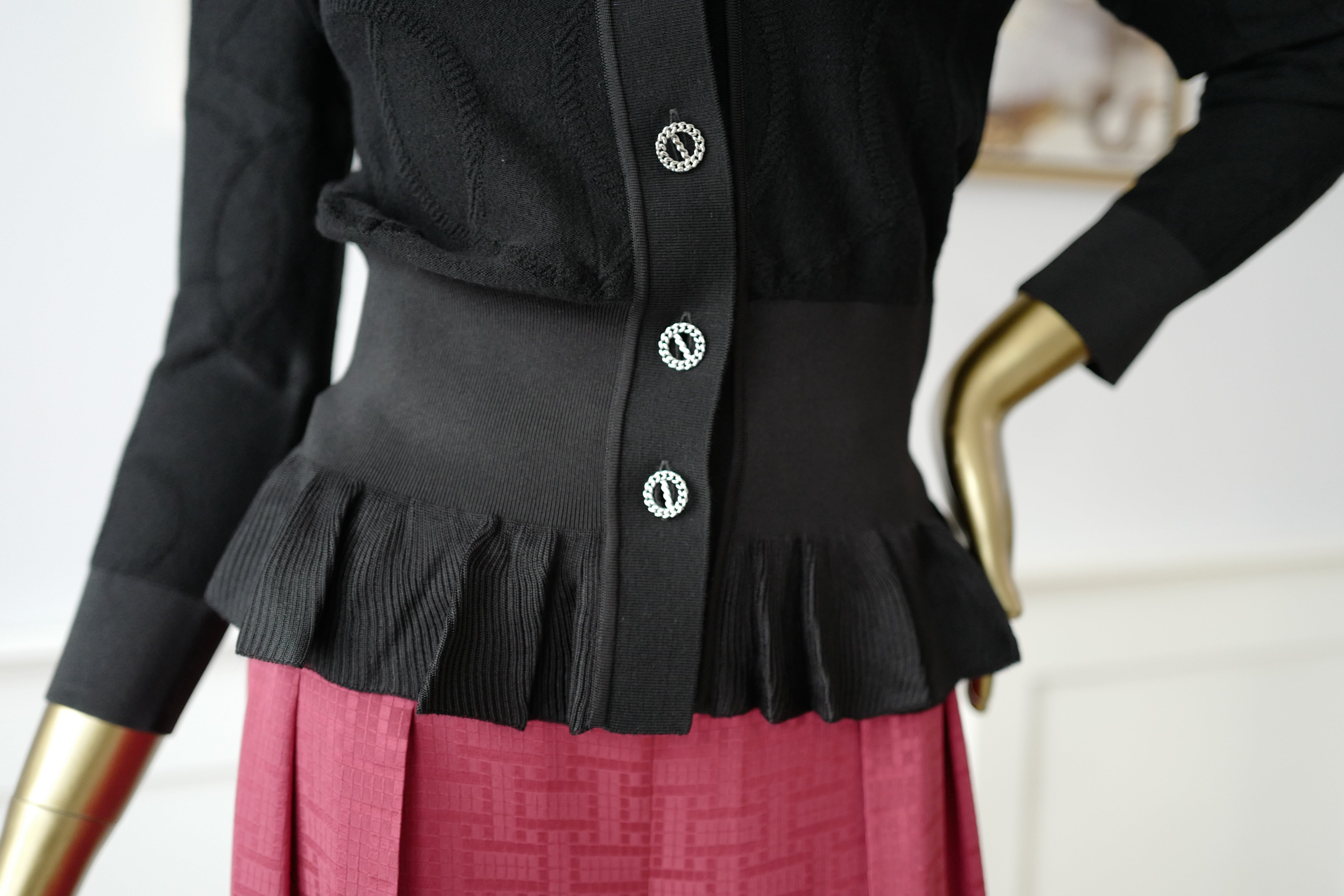 New Hermès Women’s Black Button Front Cardigan with Pleated Hem Size 36
