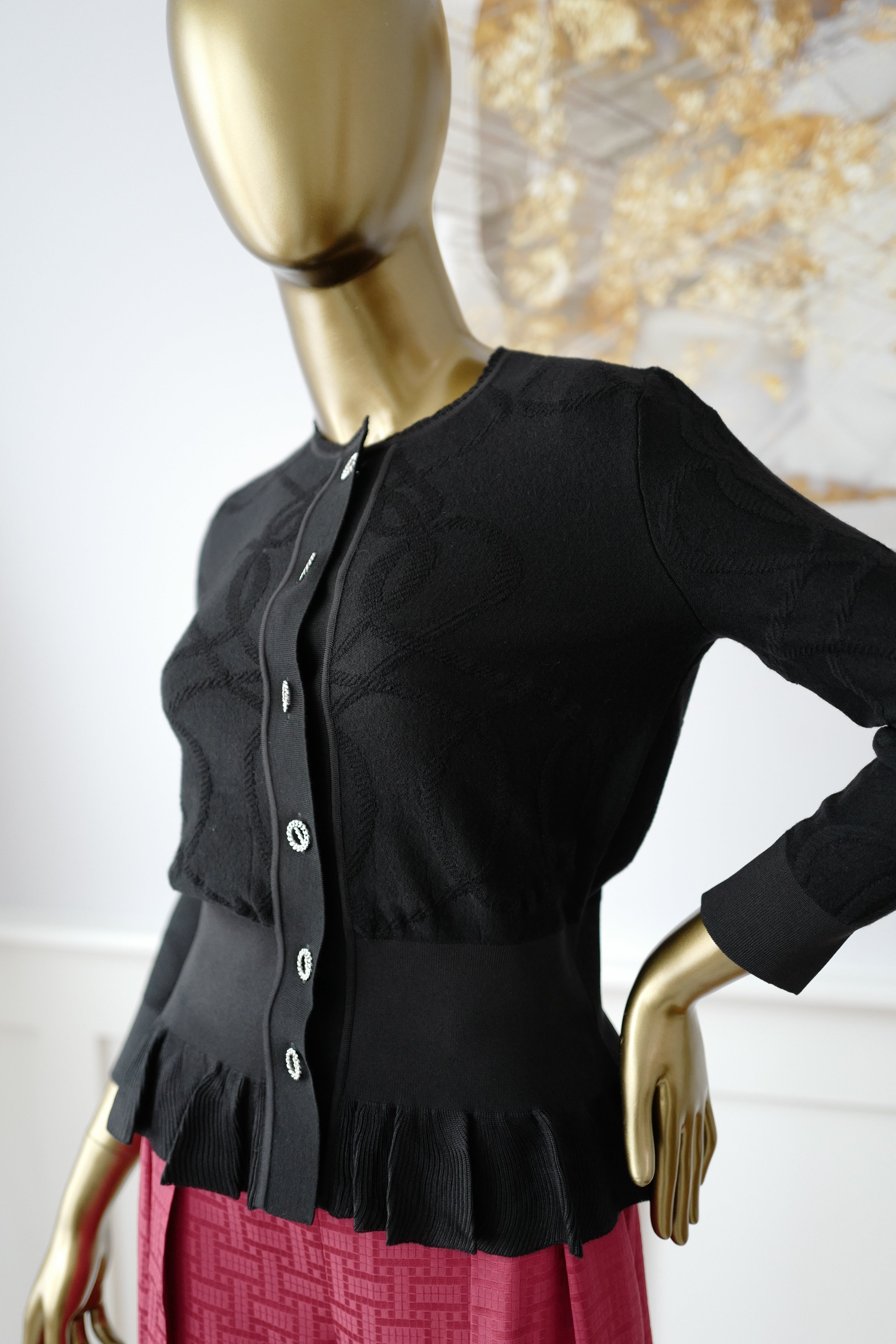 New Hermès Women’s Black Button Front Cardigan with Pleated Hem Size 36