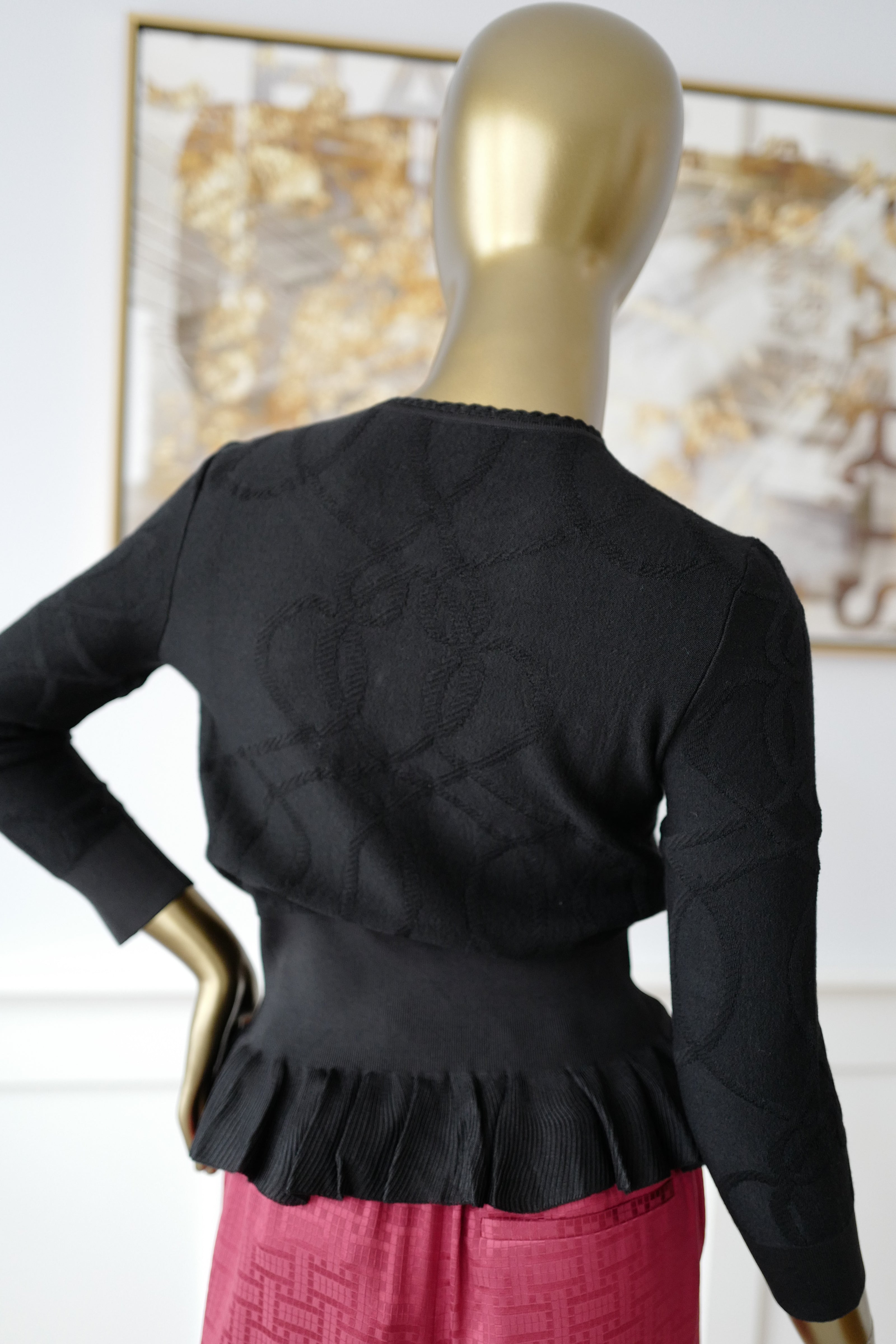 New Hermès Women’s Black Button Front Cardigan with Pleated Hem Size 36