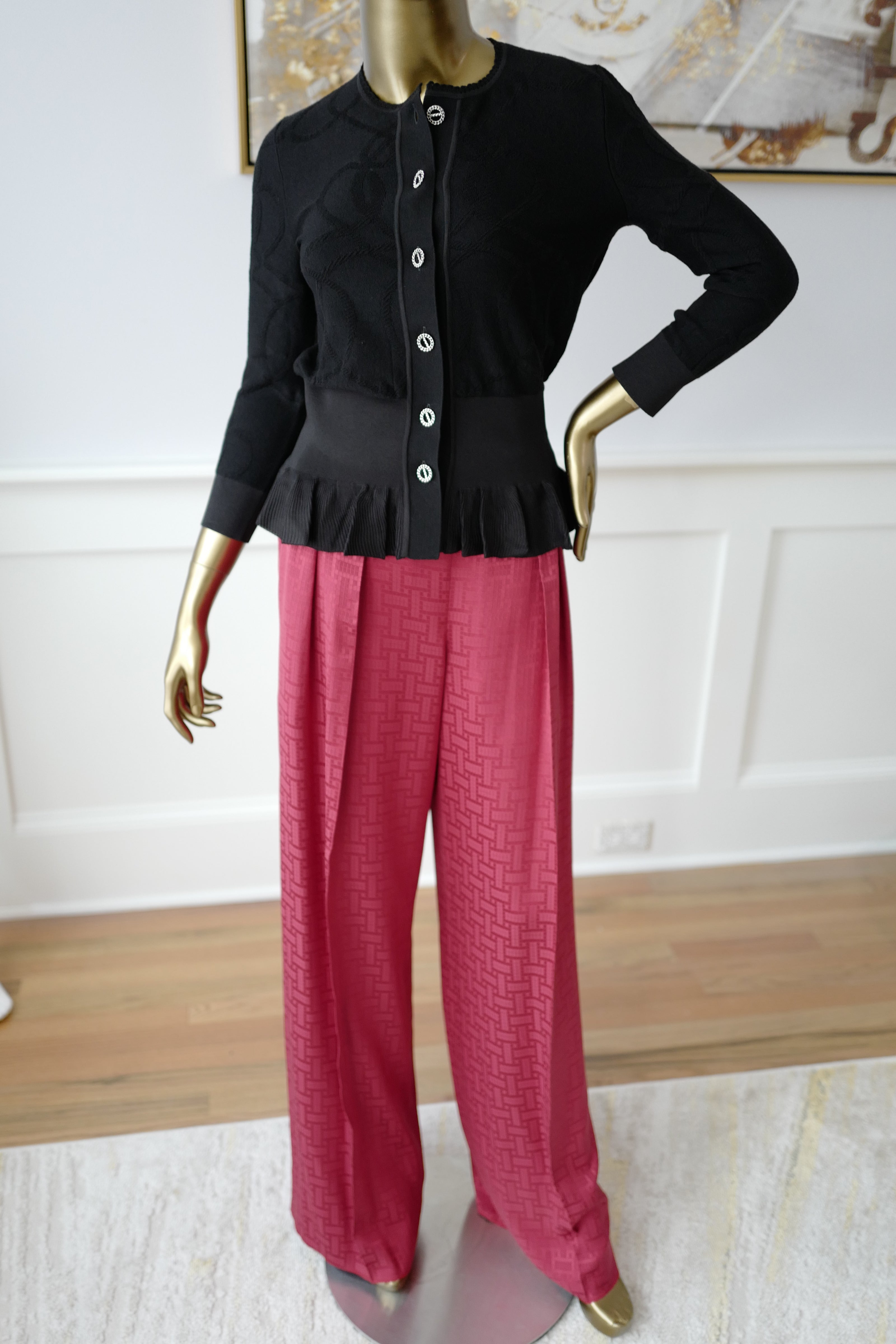 New Hermès Women’s Black Button Front Cardigan with Pleated Hem Size 36