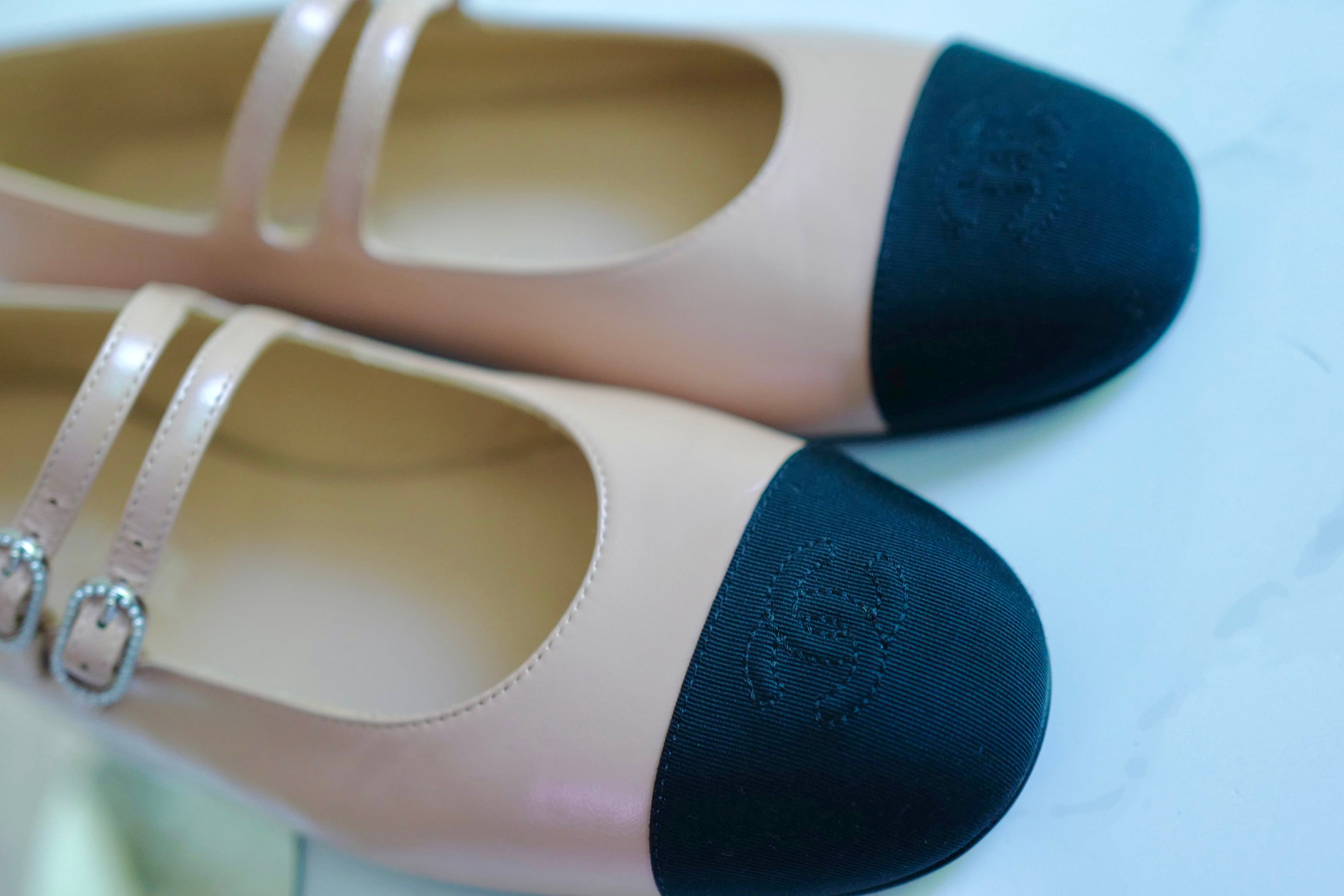 Chanel Lambskin Leather Mary Janes Flats Beige & Black With Straps Size 39