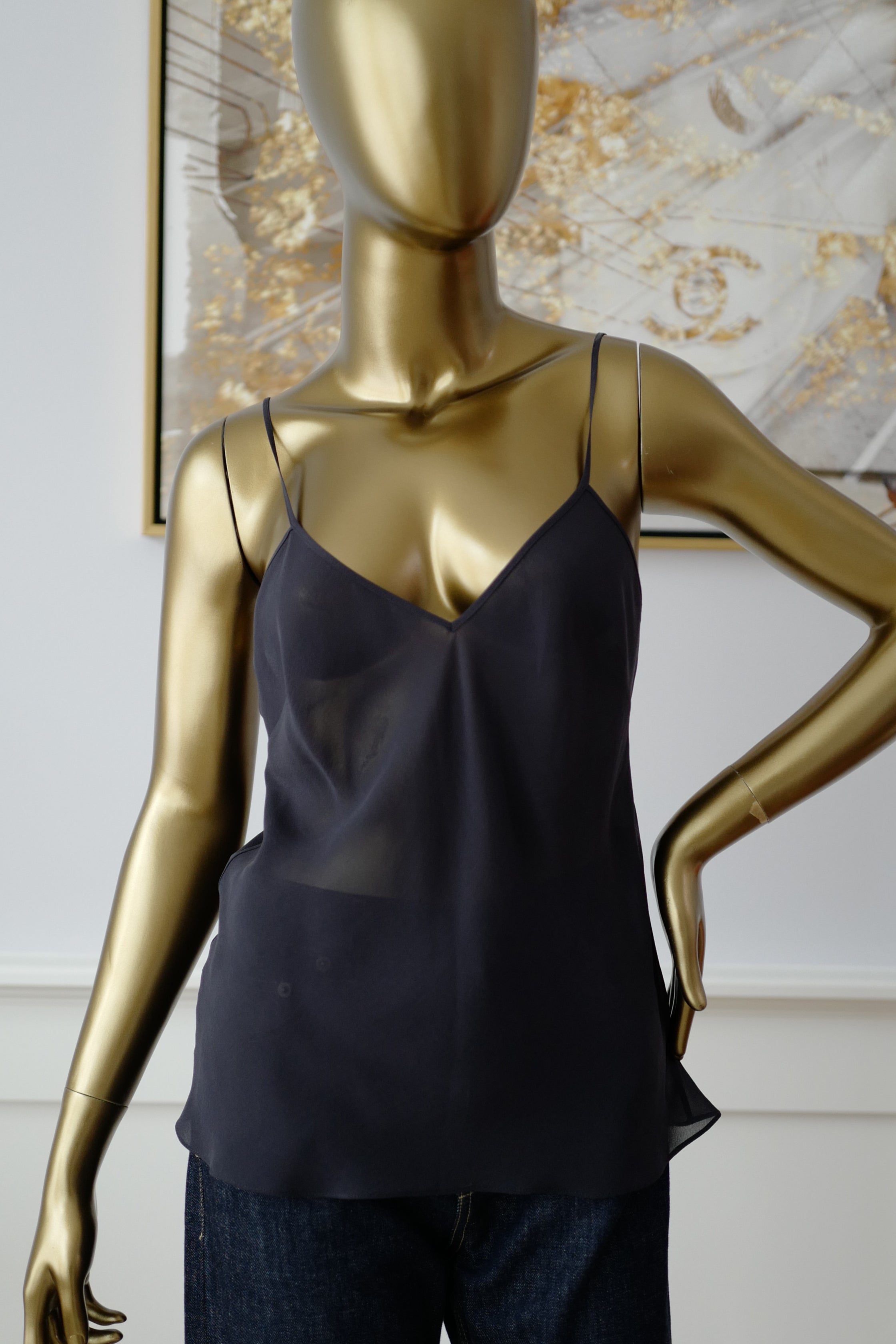 Hermes Silk Blouse Ennobli A Plastron Ox Bleu Marin Sleeveless 36 NEW Two Pcs