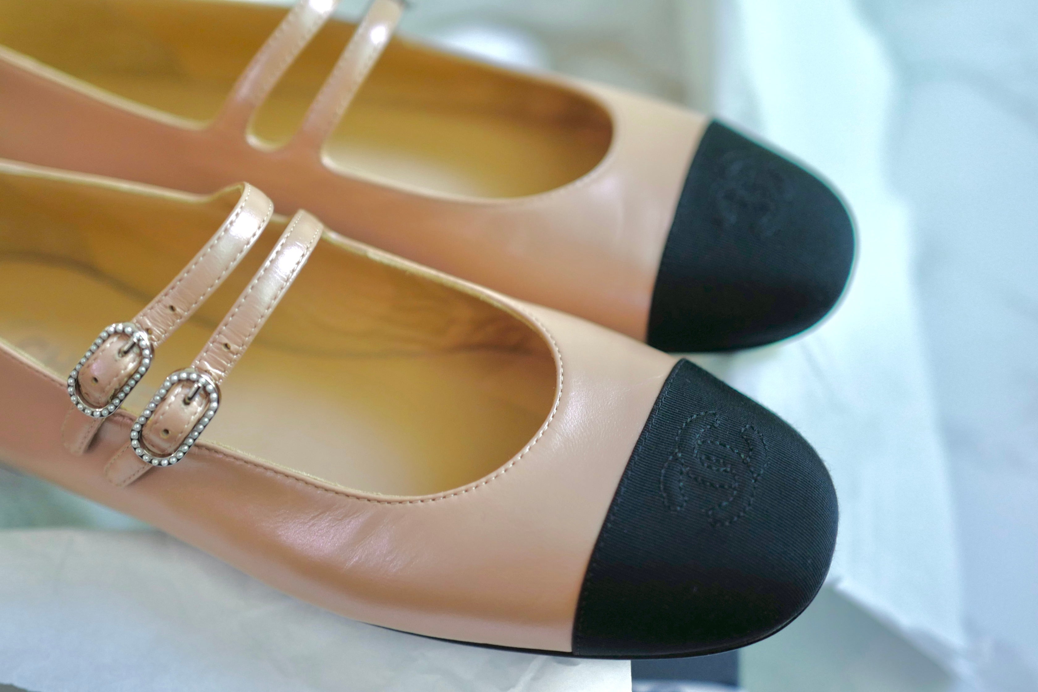 Chanel Lambskin Leather Mary Janes Flats Beige & Black With Straps Size 39