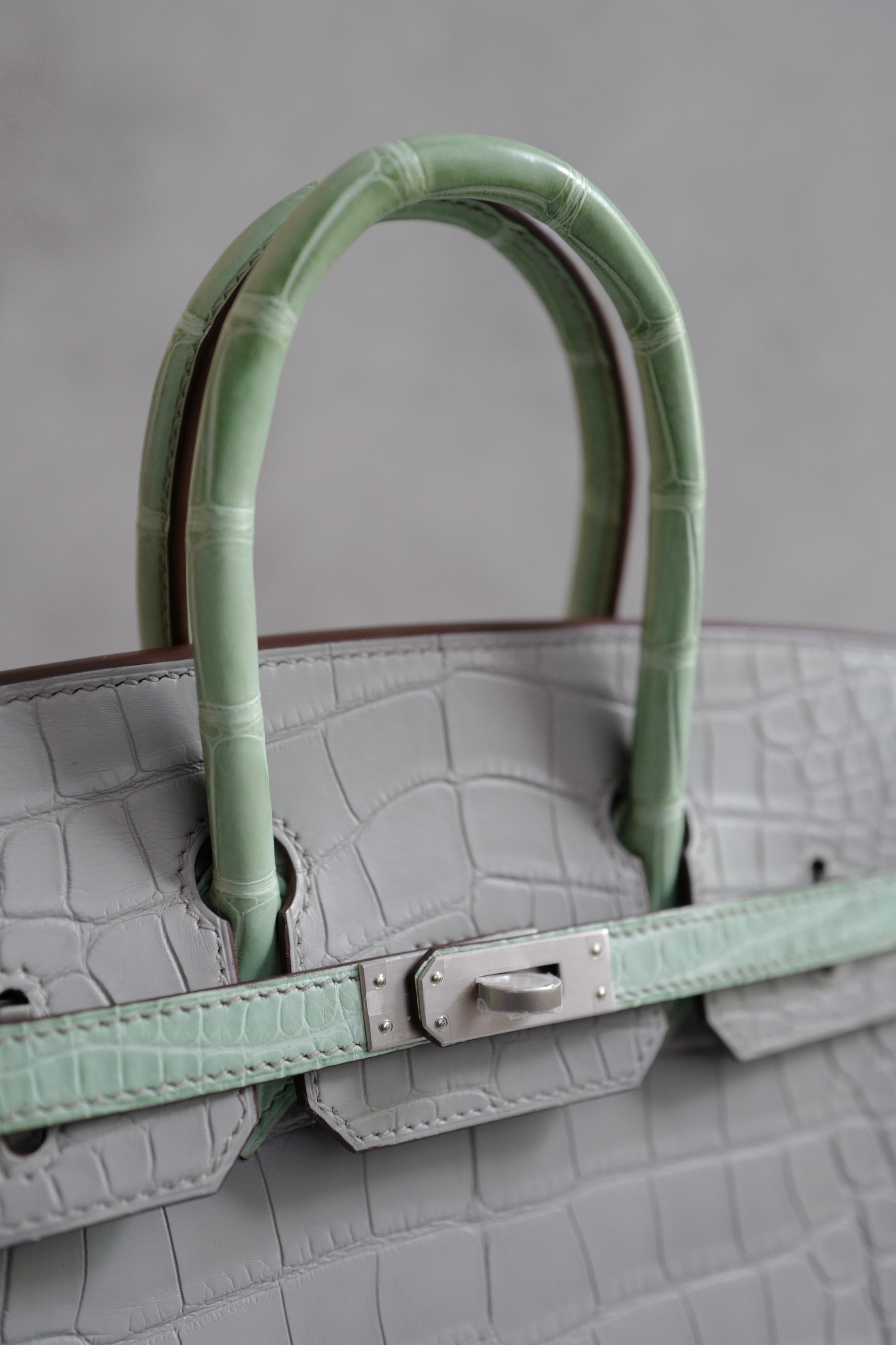 BNIB Hermes Birkin 25 HSS Gris Perle/Vert D’eau Matte Crocodile Brushed Palladium HW
