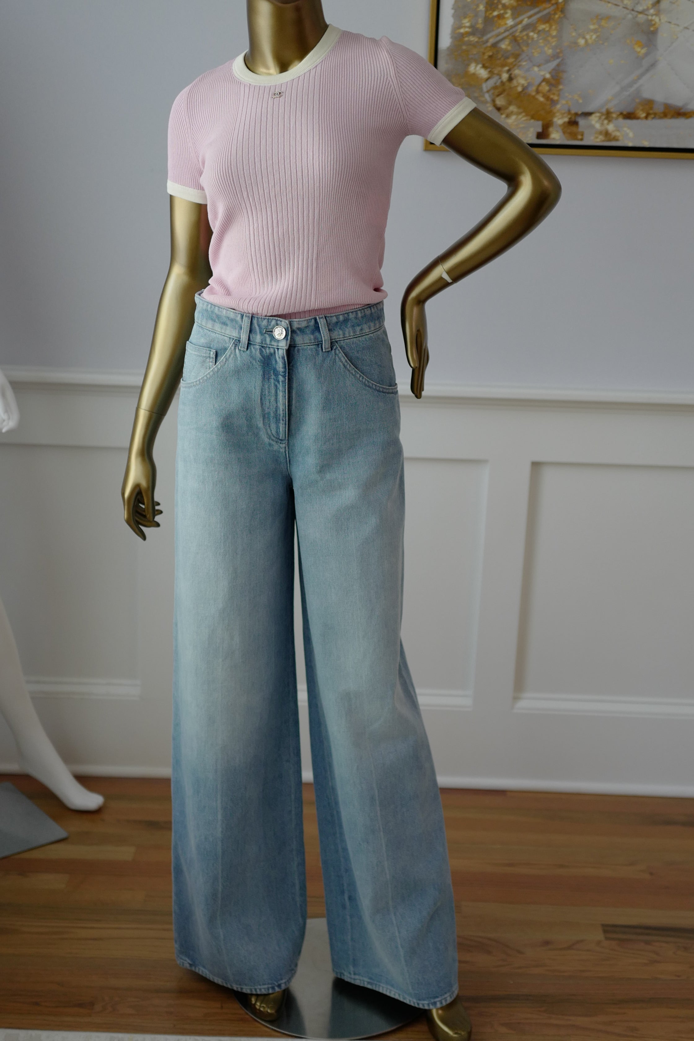 Chanel Printemps 25S CC Sequins Denim Jeans Wide Leg size 38