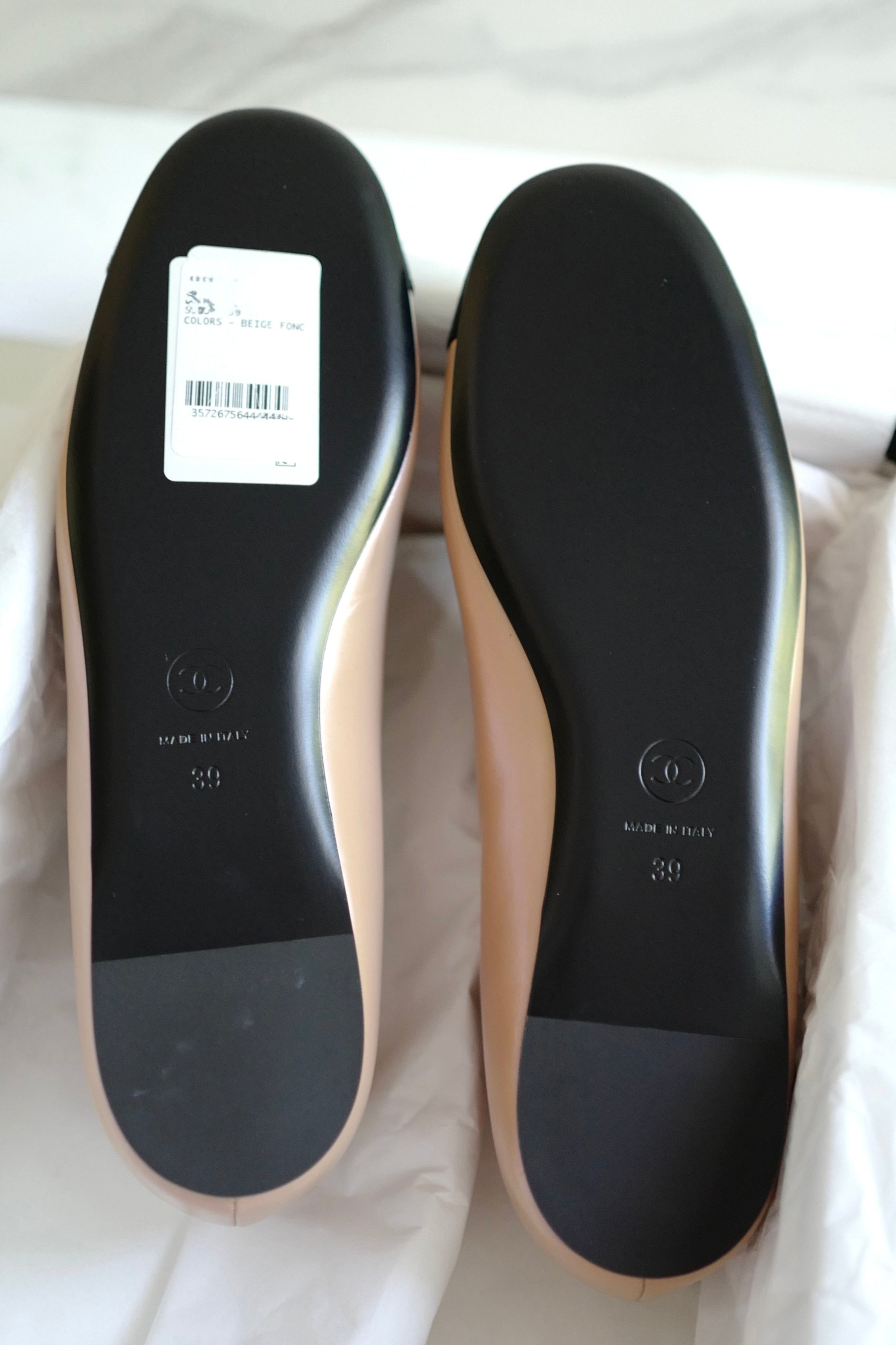 Chanel Lambskin Leather Mary Janes Flats Beige & Black With Straps Size 39