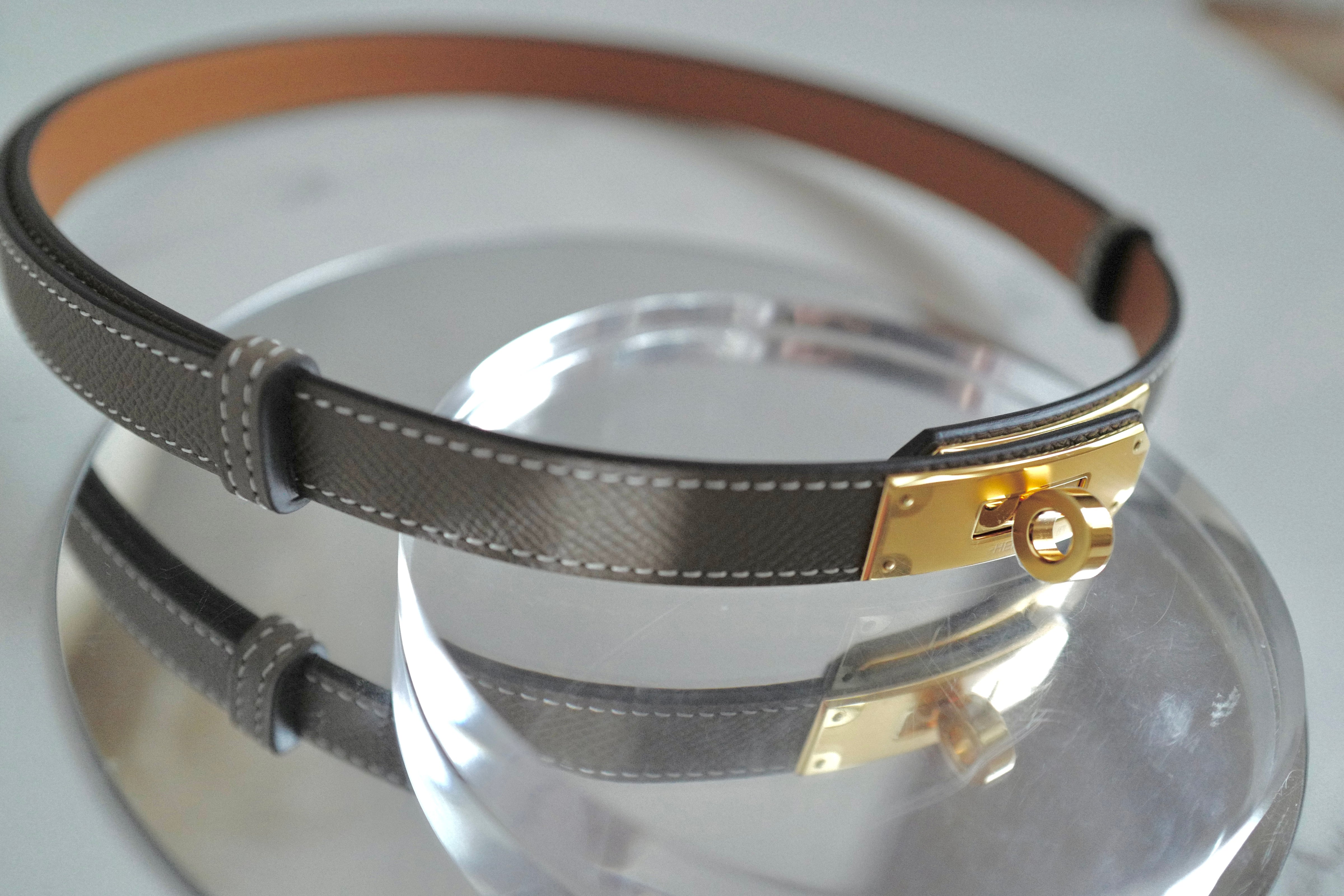 NEW Hermes Kelly Belt 18 Epsom Calfskin Etoupe Gold HW