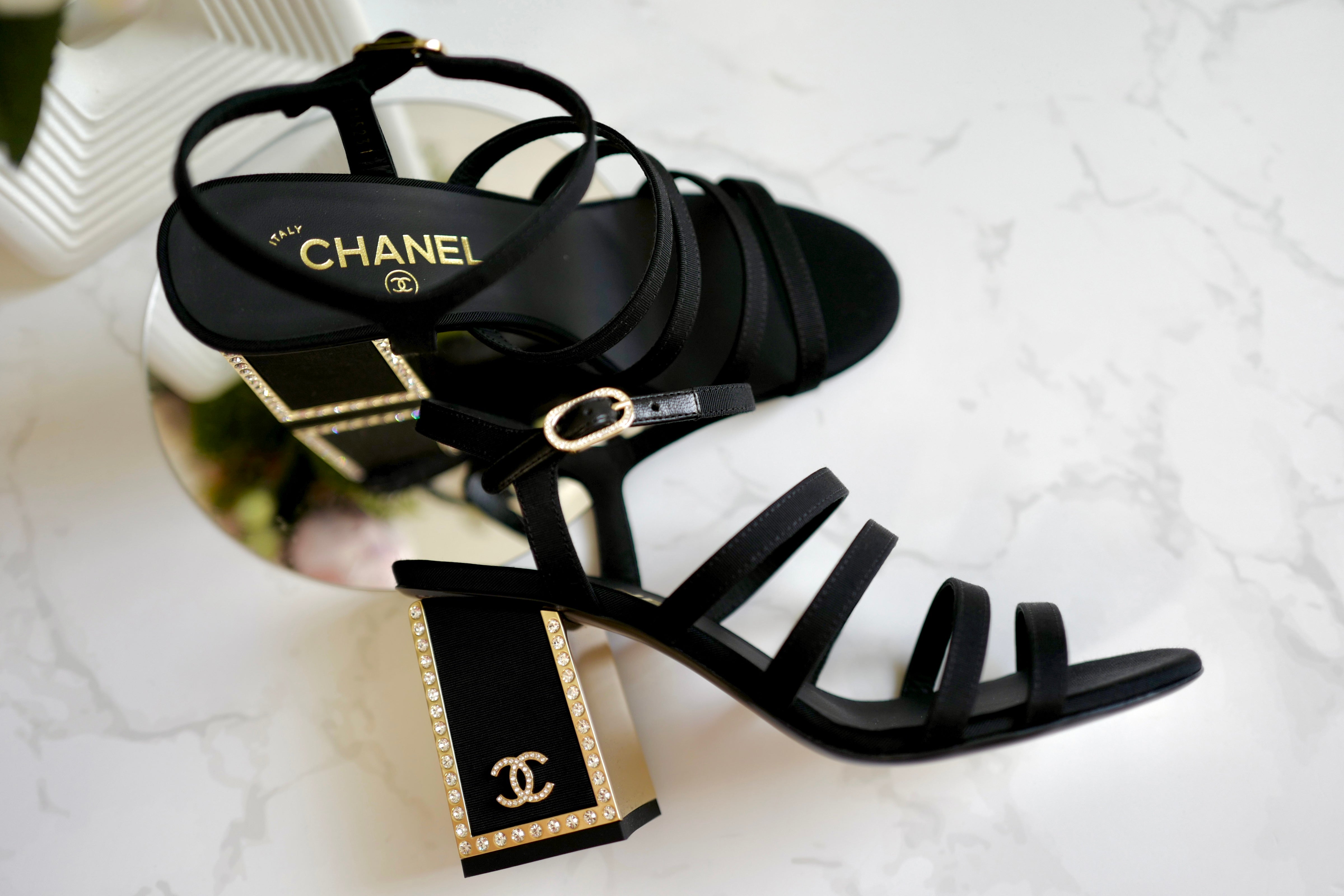 BNIB Chanel 24B Strappy Heels in Black with Crystals Rhinestone Heels size 38