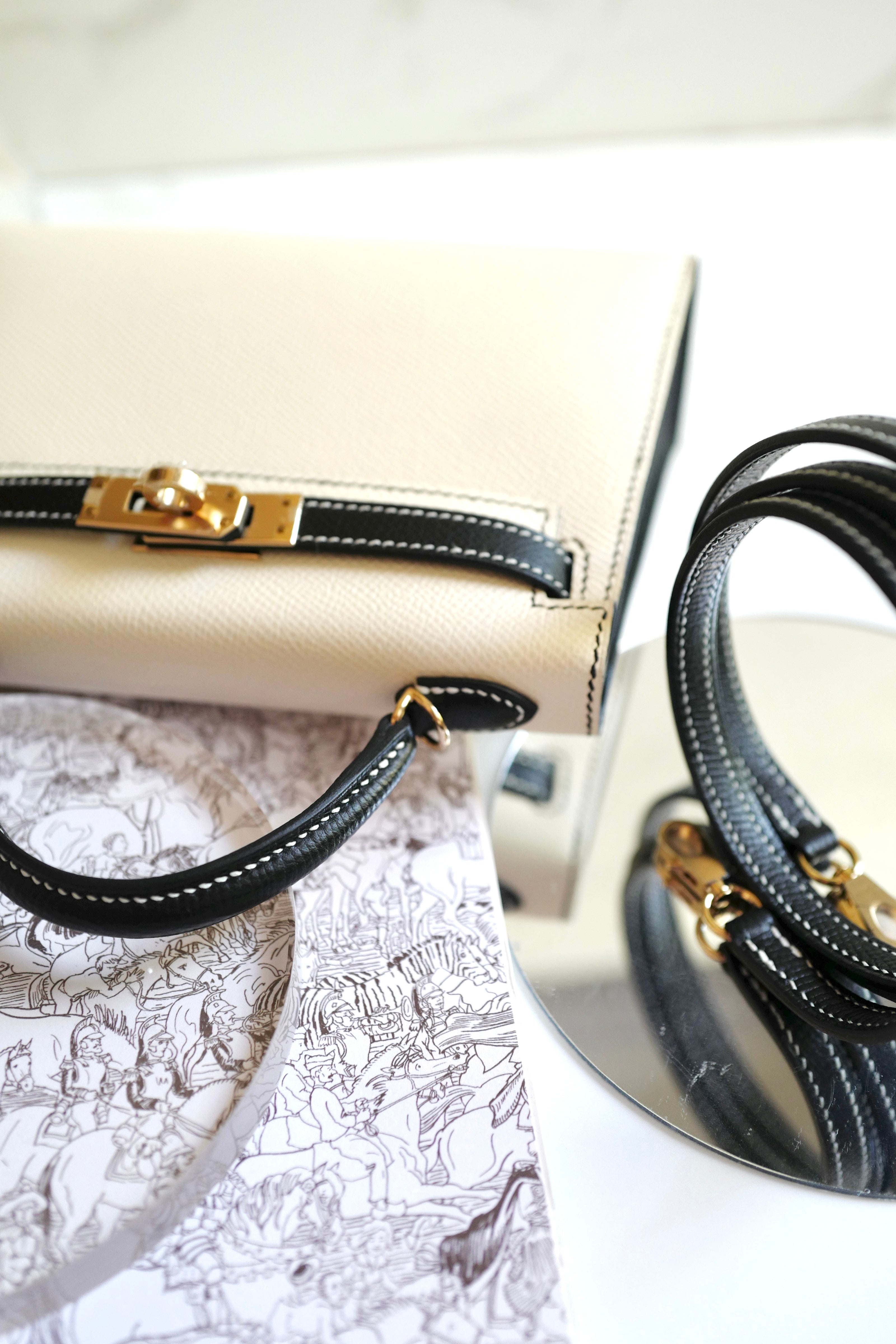 New Hermes Mini kelly 20 HSS Craie/Noir Black Epsom Permabrass HW 2023 Complete