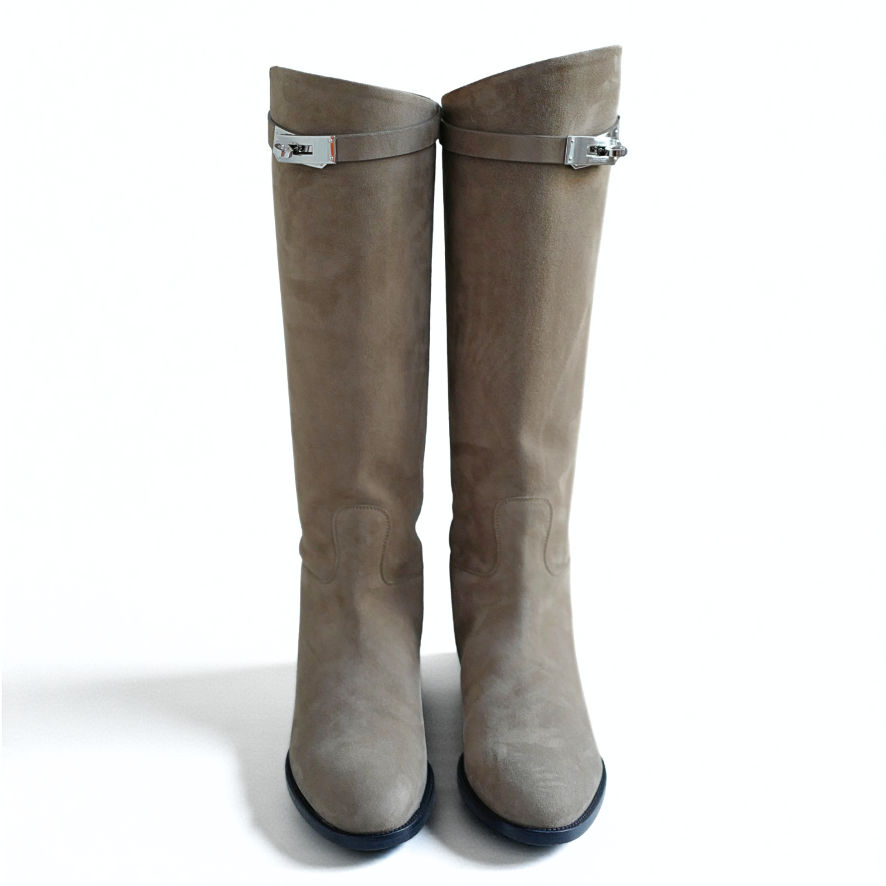 Hermès Jumping Supple Suede Goatskin Boots Étoupe with Palladium Hardware Size 38