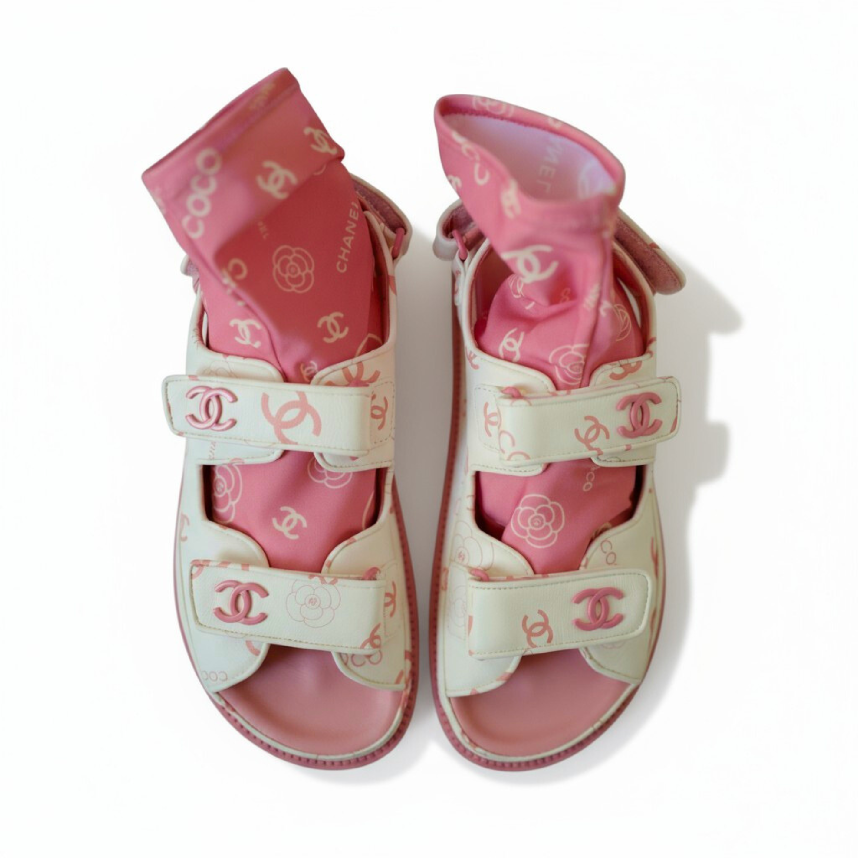 BNIB Chanel Dad Sandal 23A Monogram CC Logo In White/Pink Pink CC Logo Socks