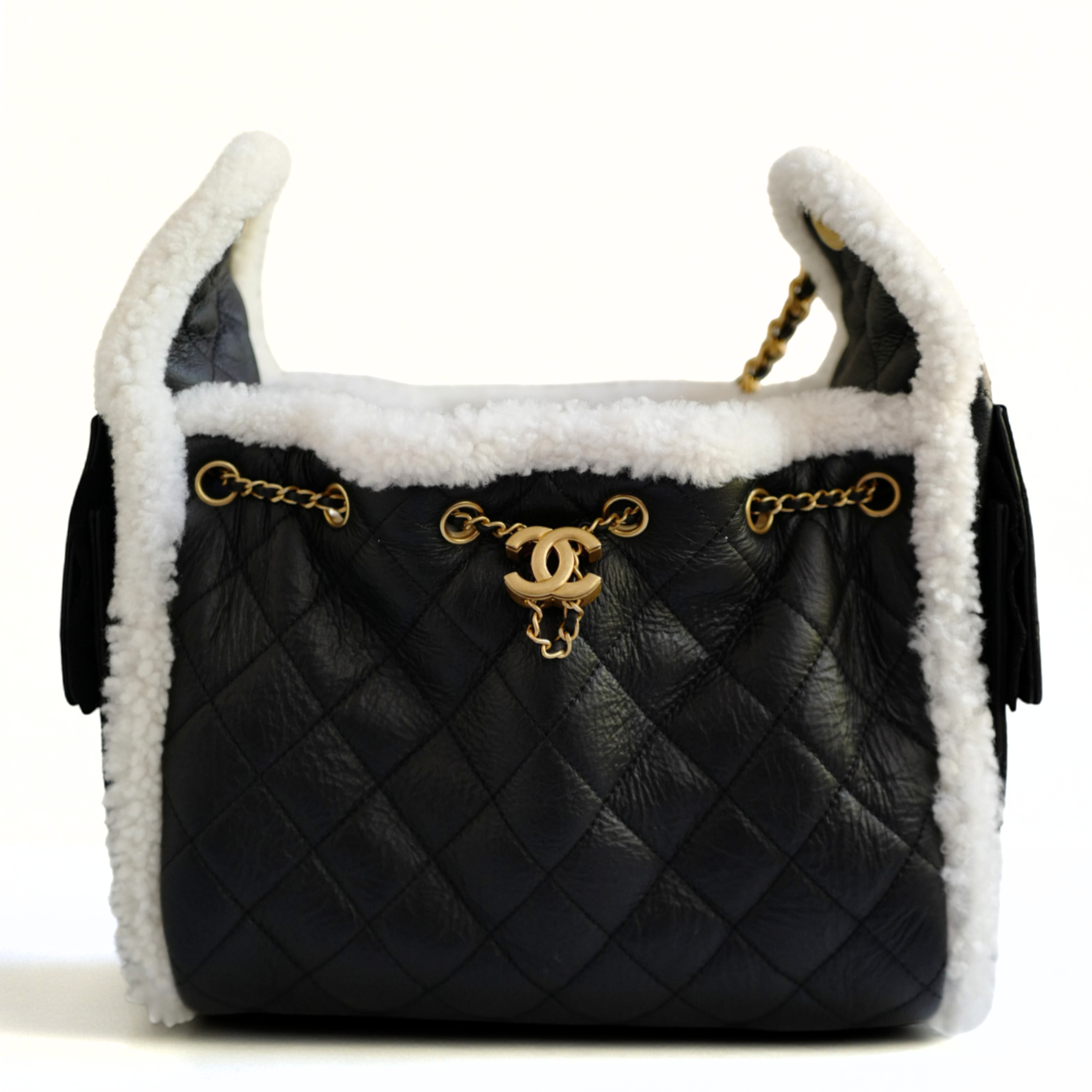 Chanel 25K Small Hobo Bag Black Calfskin with White Shearling Trim Gold Hardware