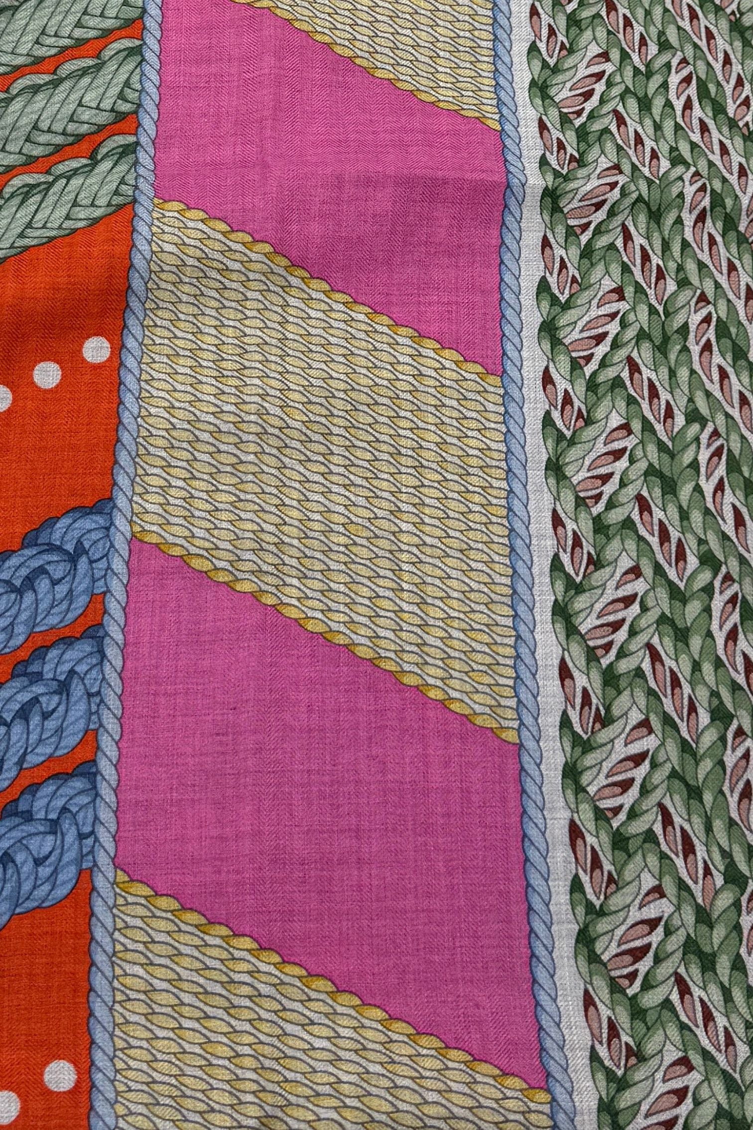 Hermès Dressage Tressage Shawl 140 Bleu Ciel/Rose Rouge Cashmere Silk