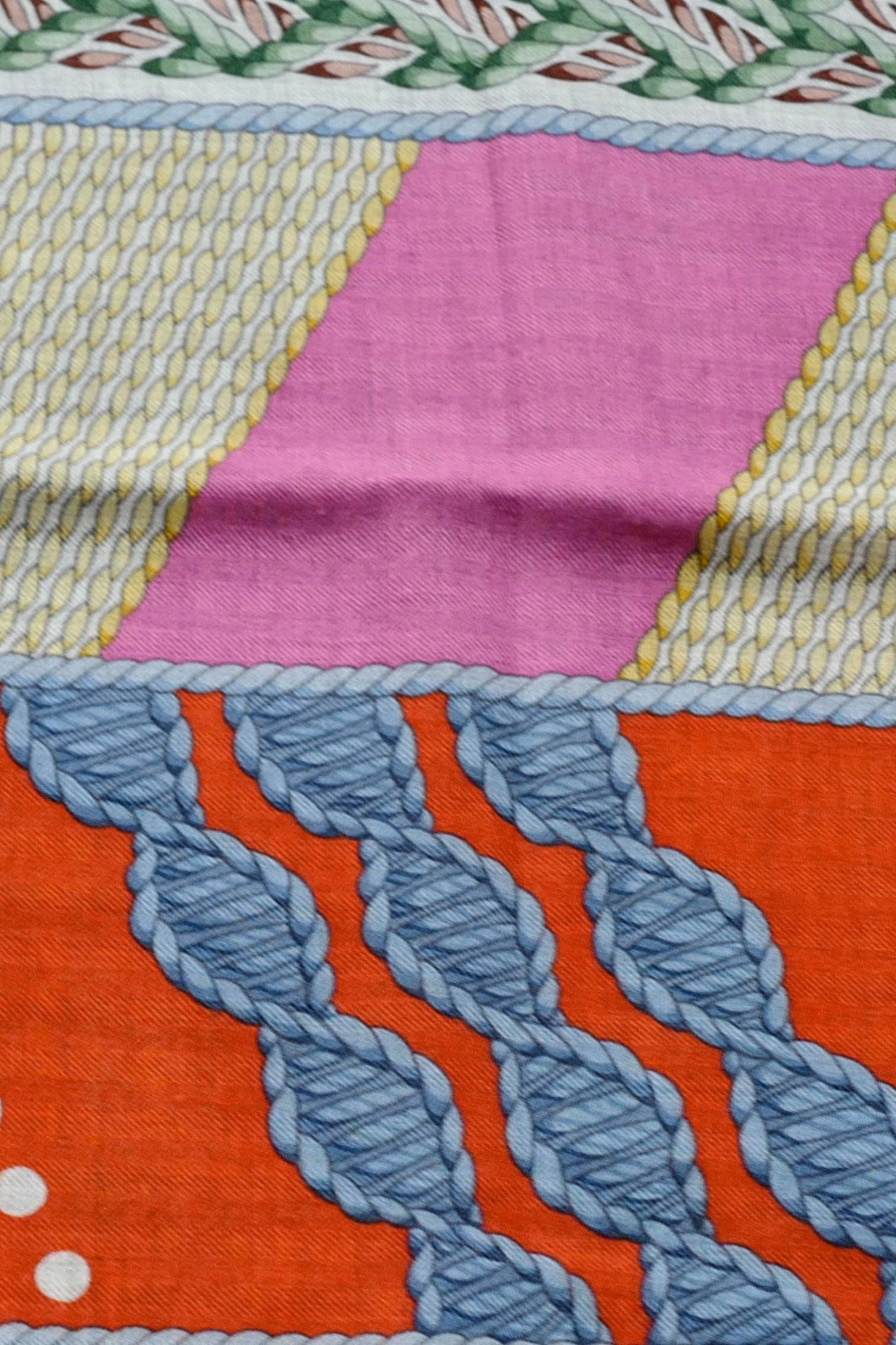 Hermès Dressage Tressage Shawl 140 Bleu Ciel/Rose Rouge Cashmere Silk