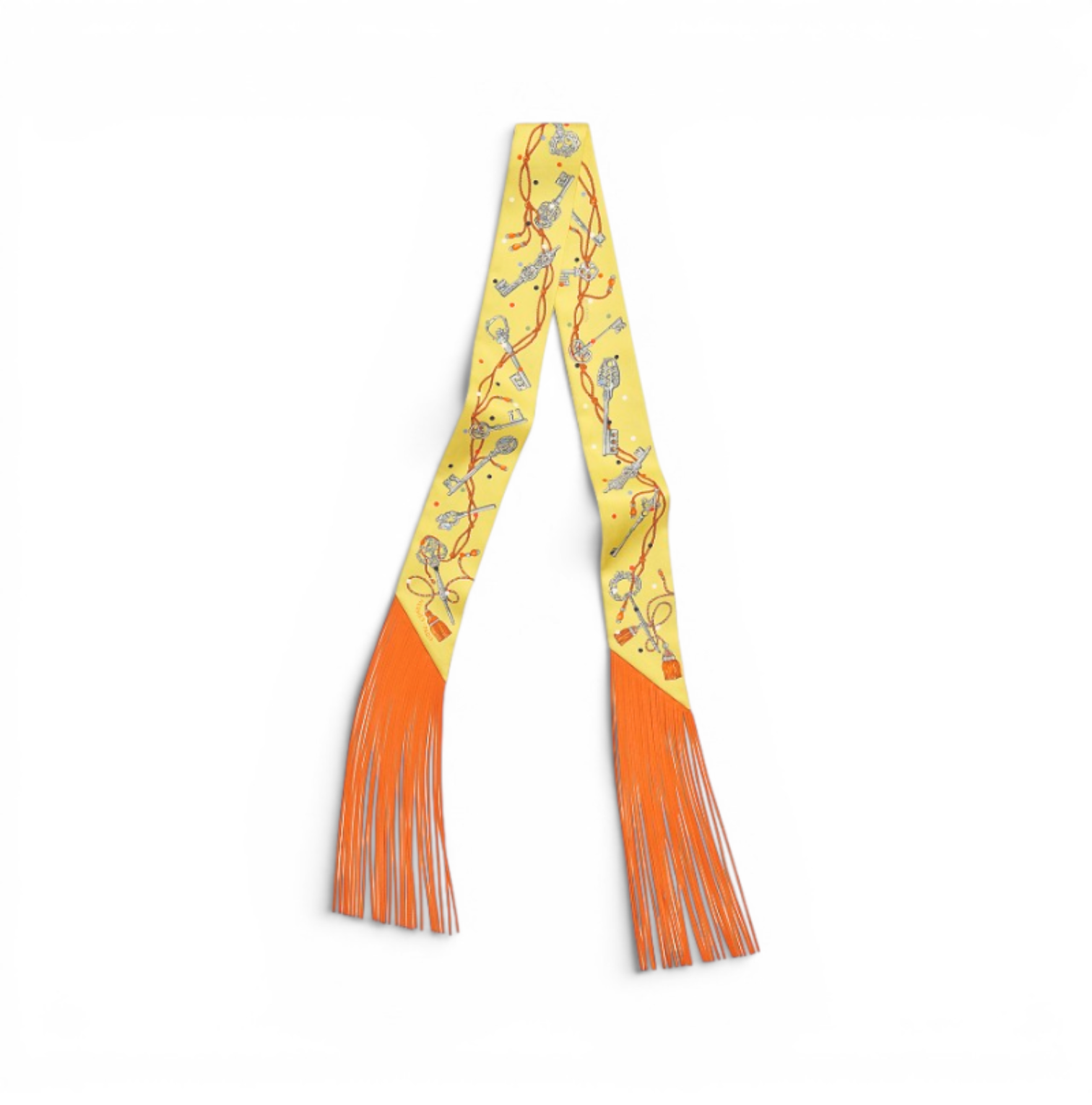 Hermès Twilly Les Cles a Pois Leather Fringes Jaune/Argent /Orange vif Silk