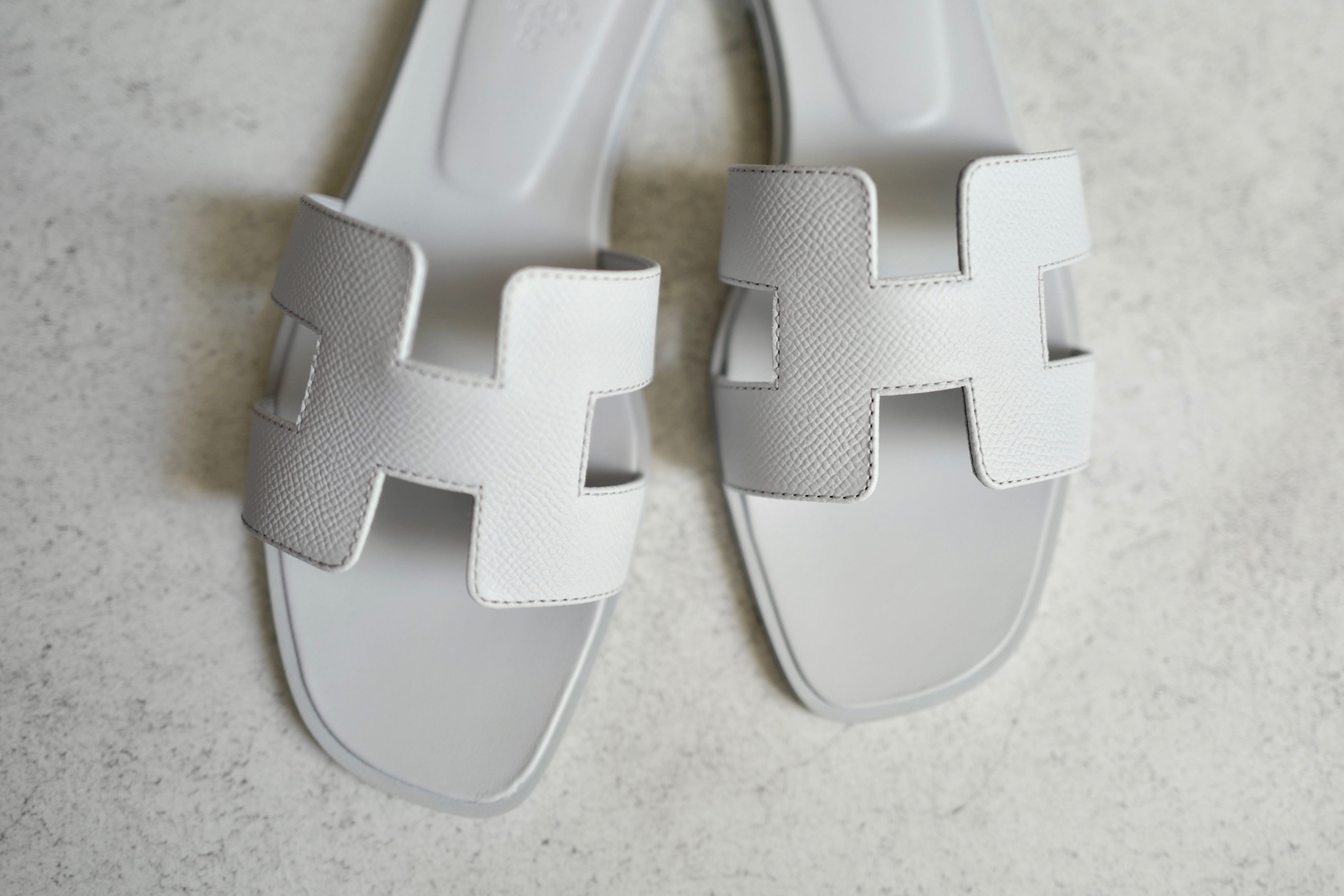 Brand New Hermès Oran Sandals in Blue Glacier Epsom Leather Size 38