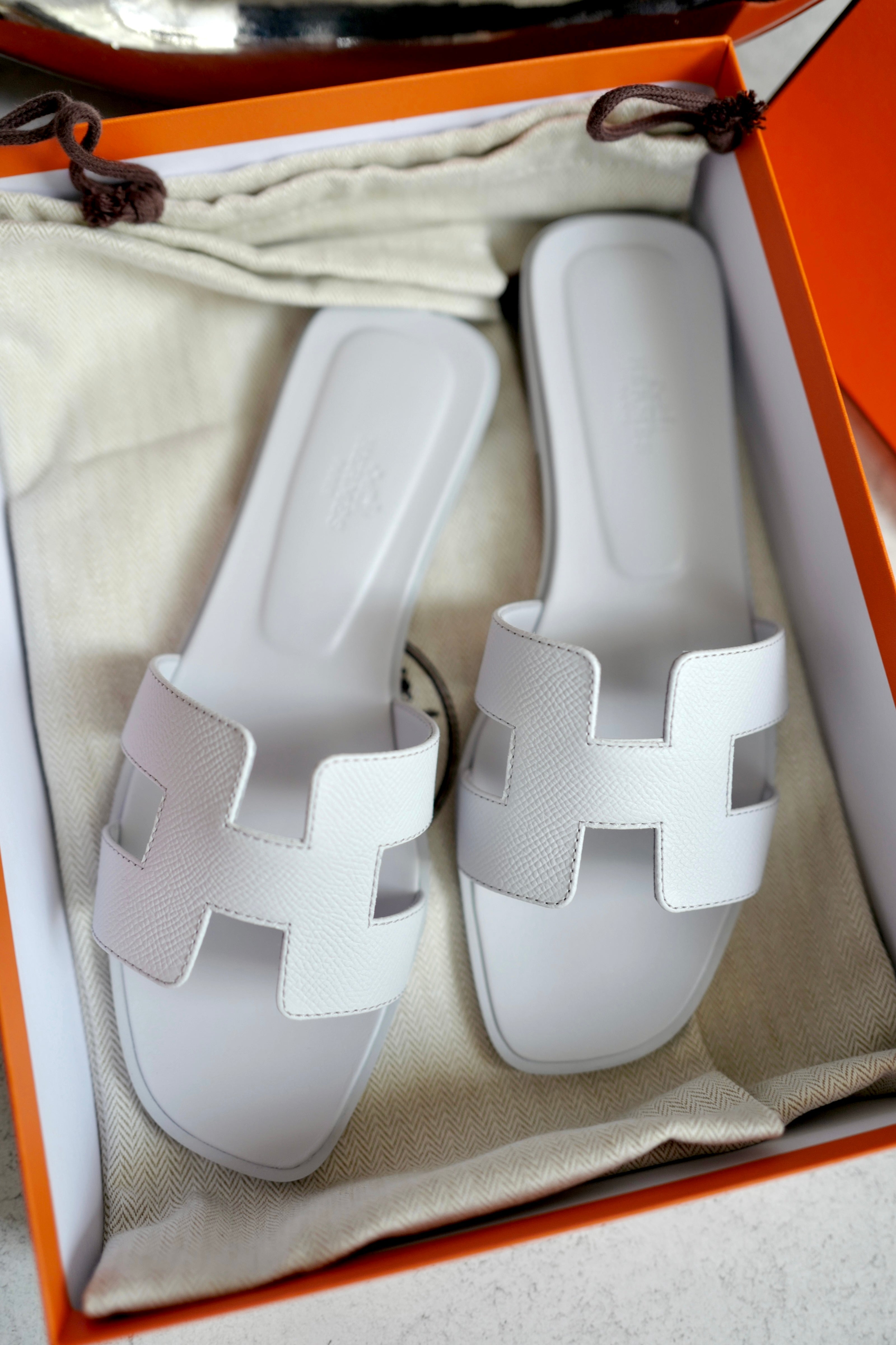 Brand New Hermès Oran Sandals in Blue Glacier Epsom Leather Size 38