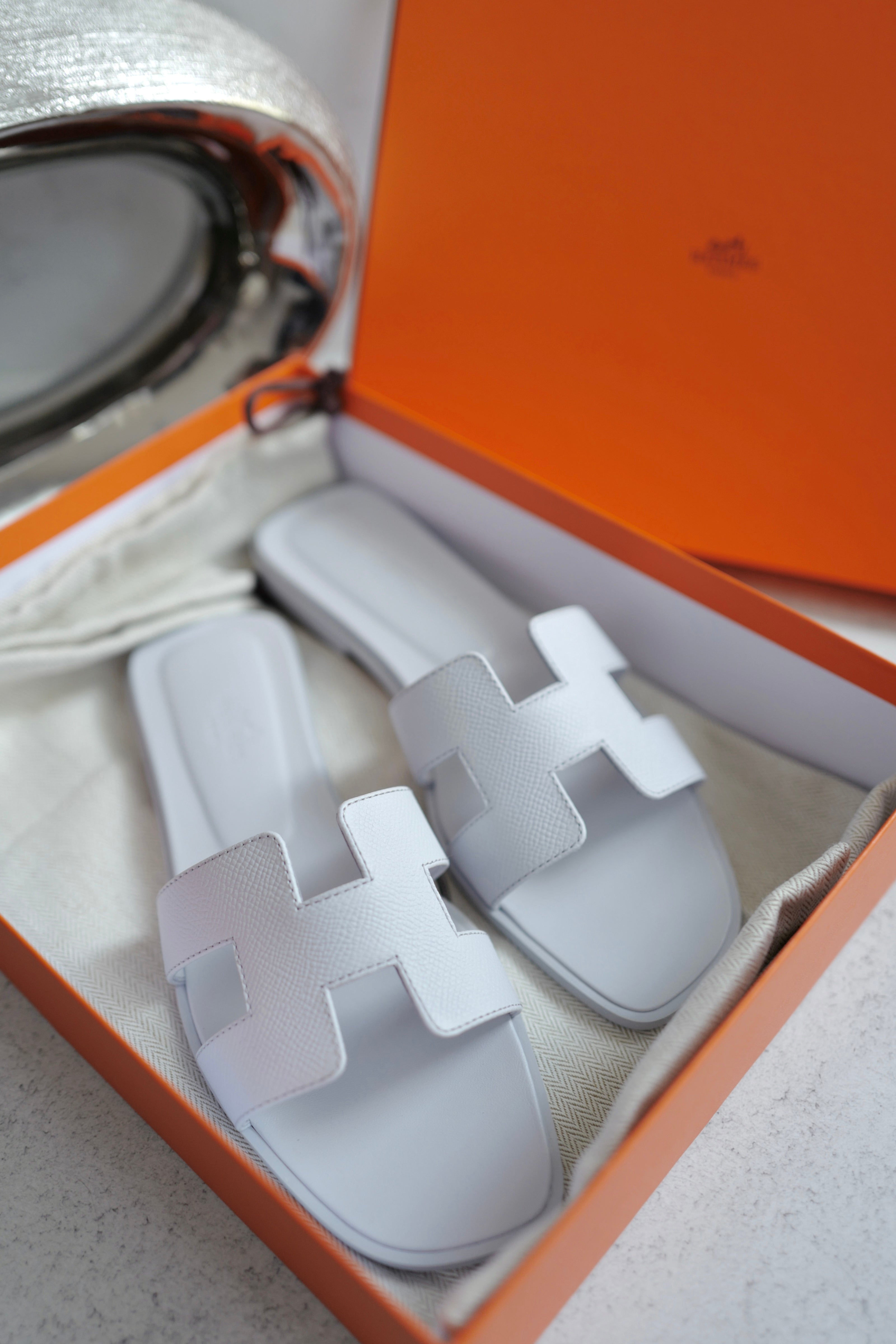 Brand New Hermès Oran Sandals in Blue Glacier Epsom Leather Size 38