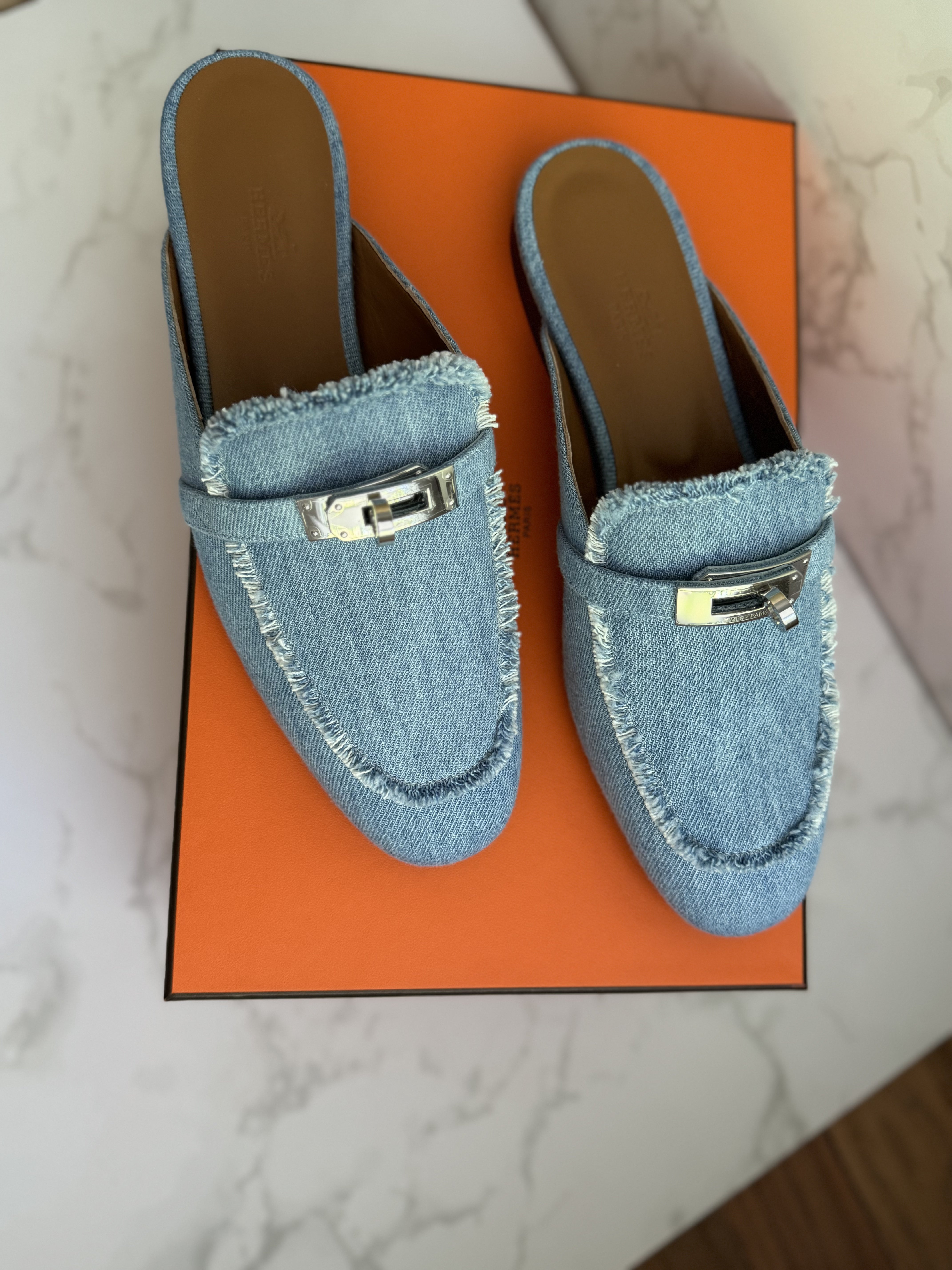BNIB Hermes Women's Oz Mule Canvas in Denim Blue Clair with Palladium Size 38