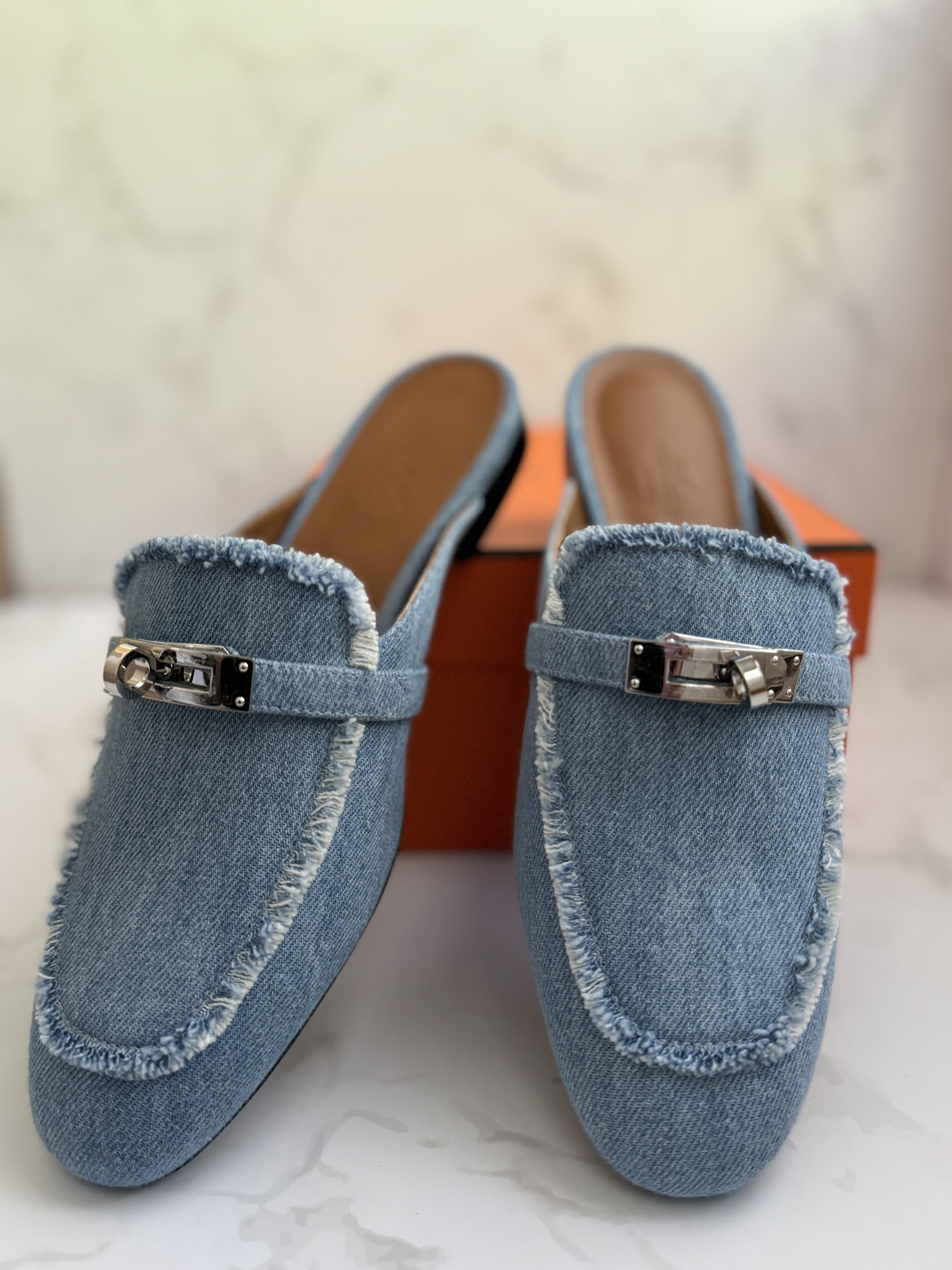 BNIB Hermes Women's Oz Mule Canvas in Denim Blue Clair with Palladium Size 38