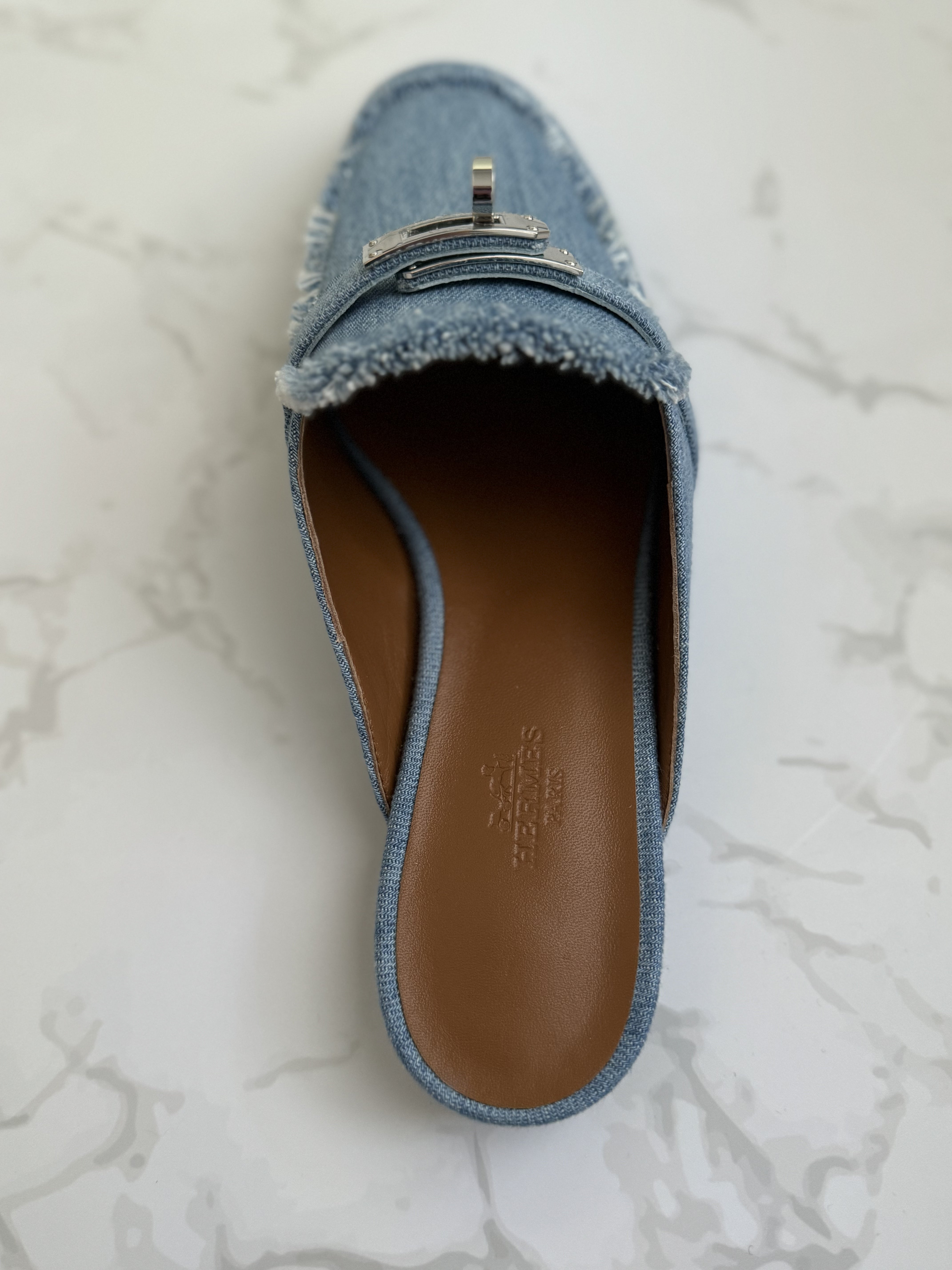 BNIB Hermes Women's Oz Mule Canvas in Denim Blue Clair with Palladium Size 38