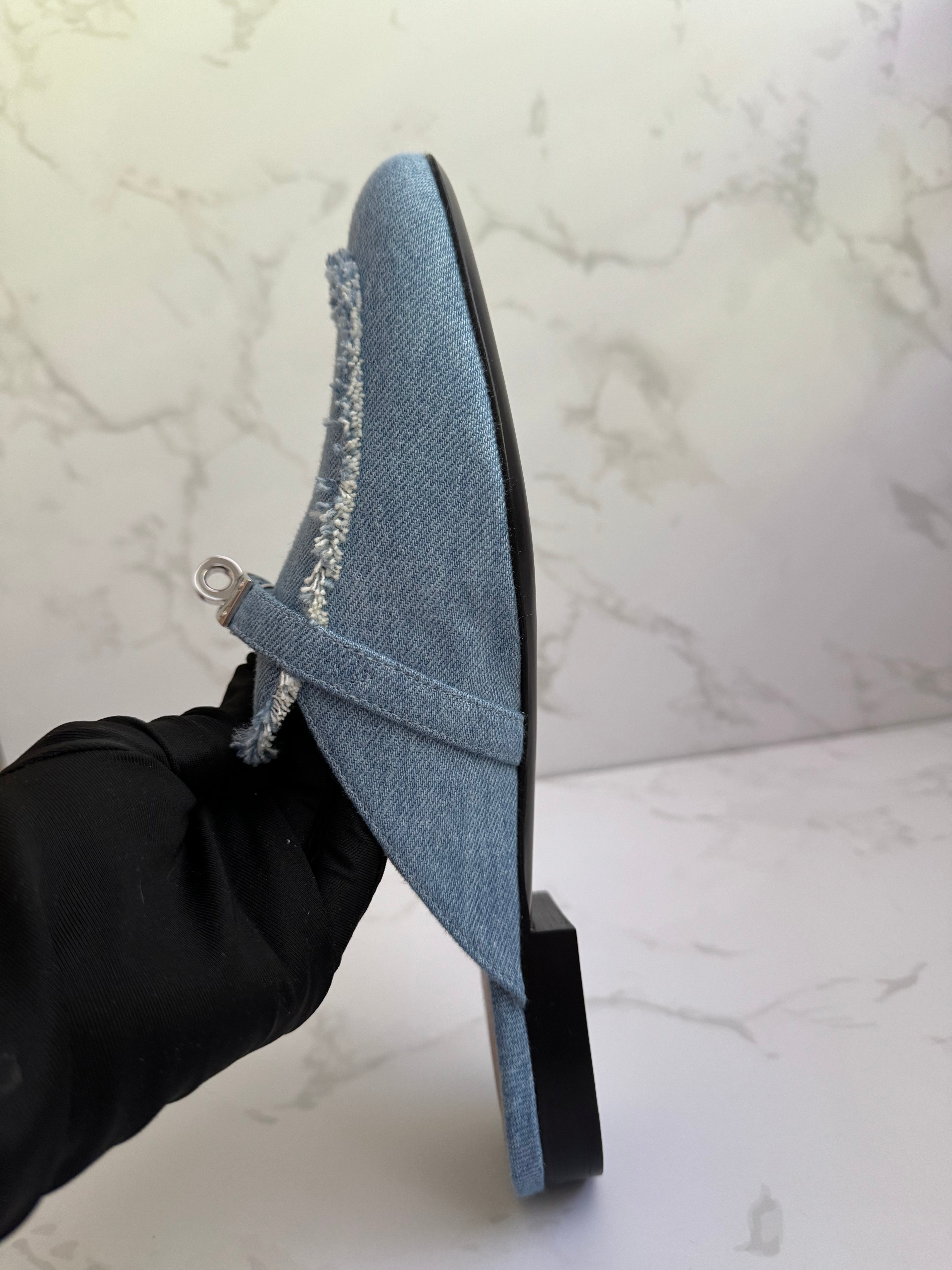 BNIB Hermes Women's Oz Mule Canvas in Denim Blue Clair with Palladium Size 38