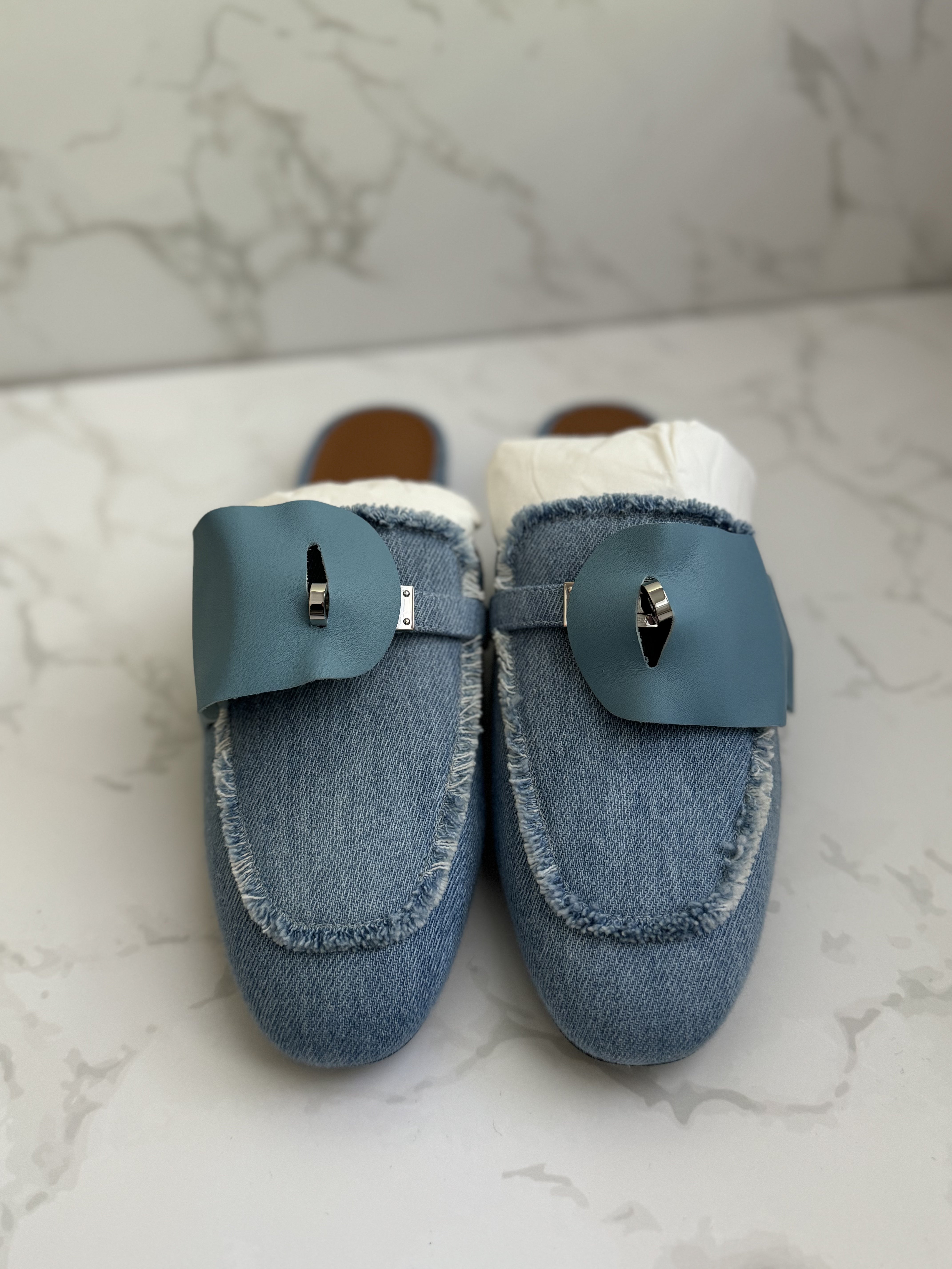 BNIB Hermes Women's Oz Mule Canvas in Denim Blue Clair with Palladium Size 38