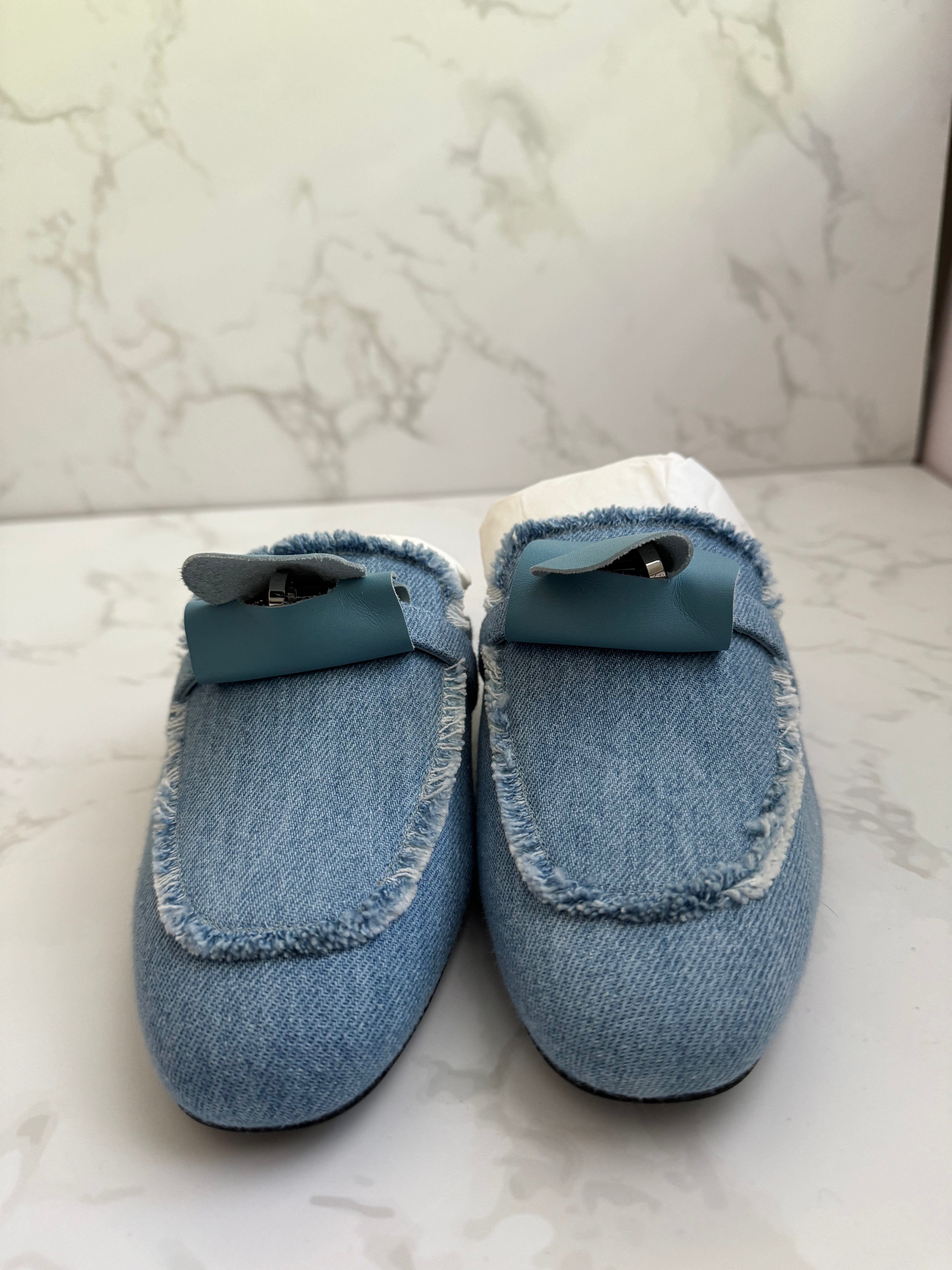 BNIB Hermes Women's Oz Mule Canvas in Denim Blue Clair with Palladium Size 38