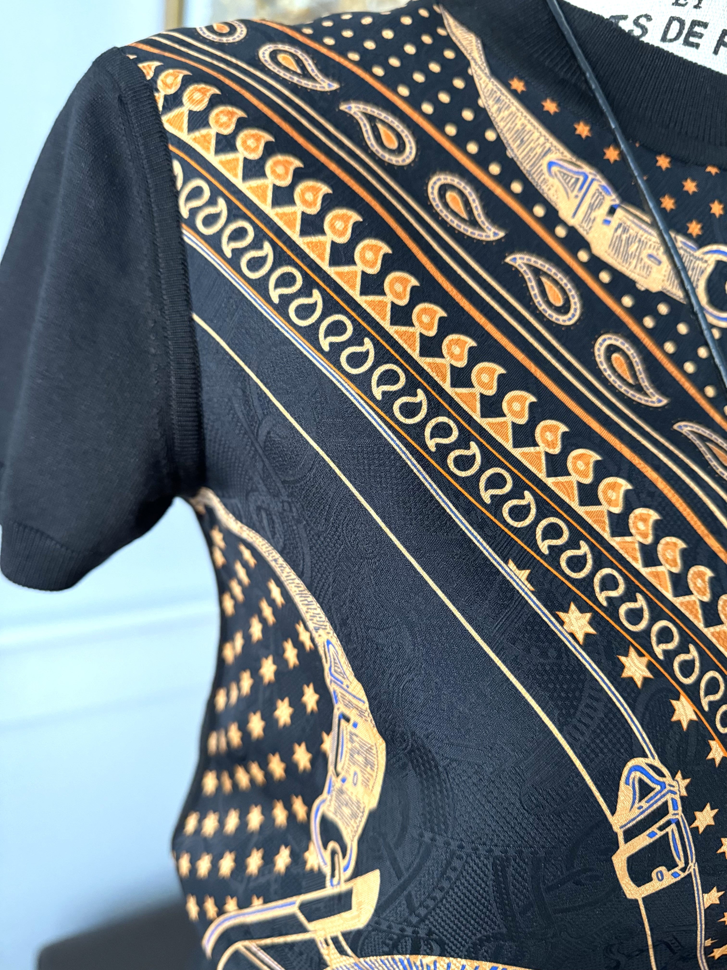 NEW Hermes Eperon D’or Bandana Short-sleeve Twillaine Pullover Noir Black sz 34