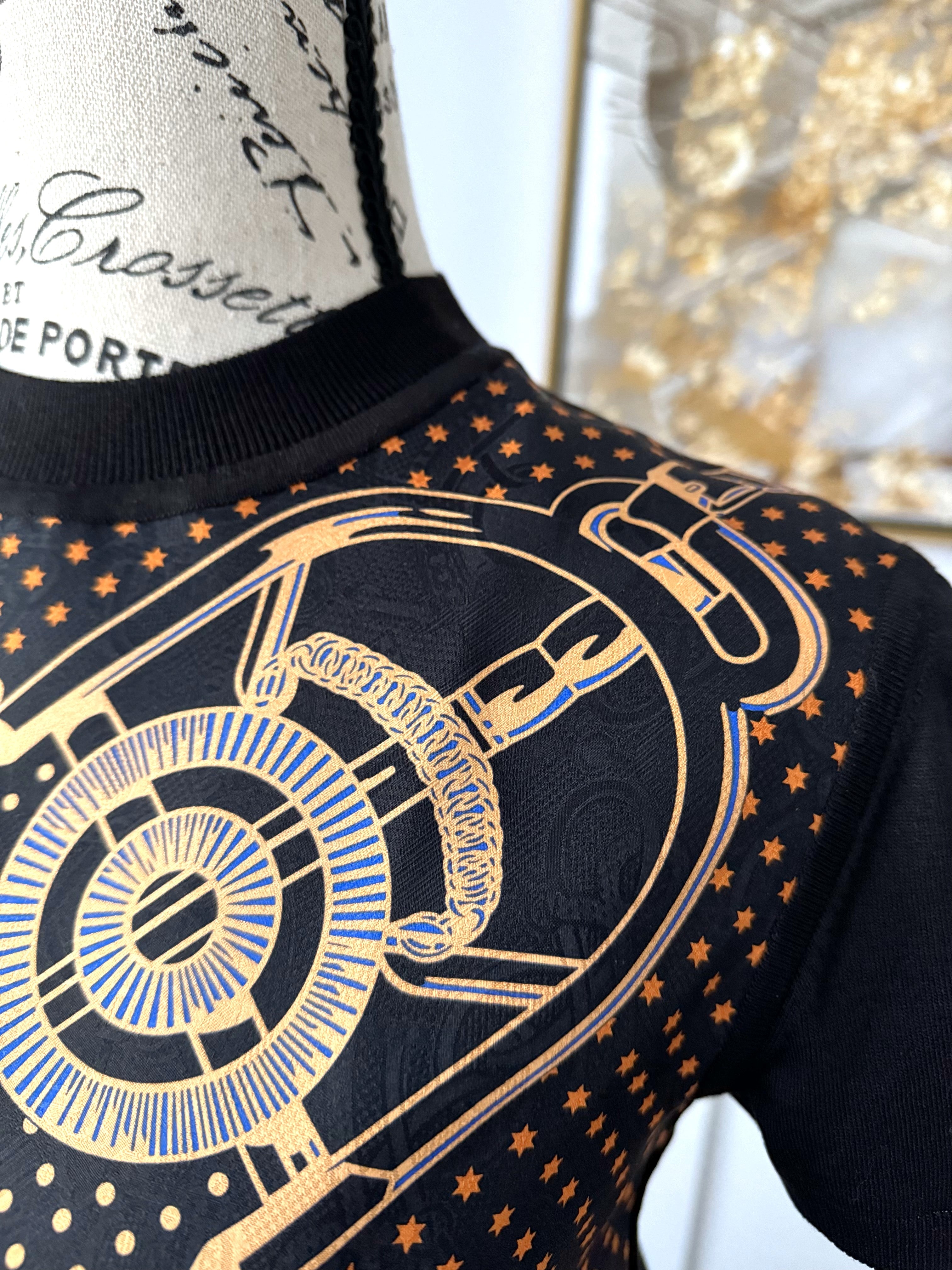 NEW Hermes Eperon D’or Bandana Short-sleeve Twillaine Pullover Noir Black sz 34