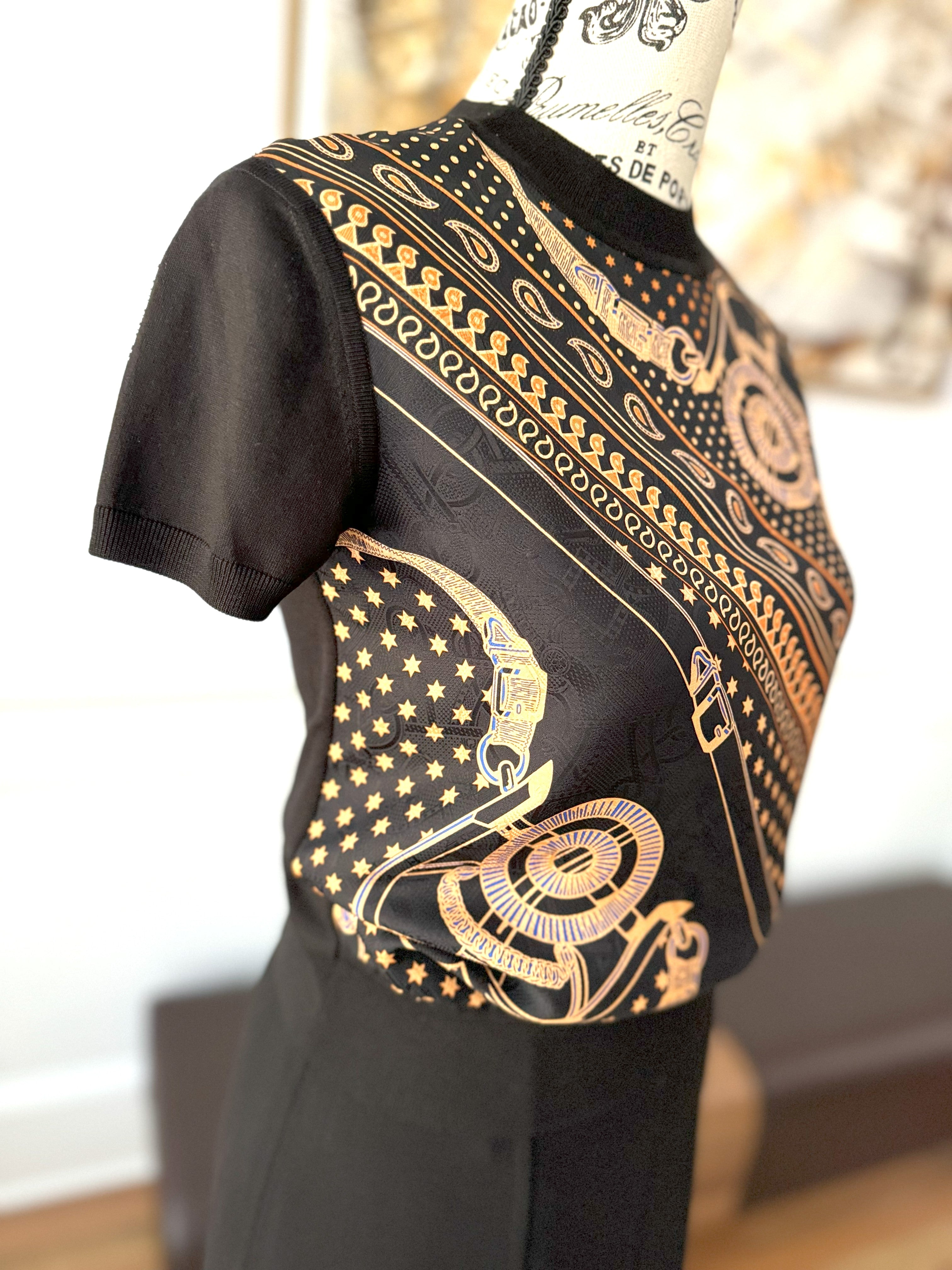 NEW Hermes Eperon D’or Bandana Short-sleeve Twillaine Pullover Noir Black sz 34