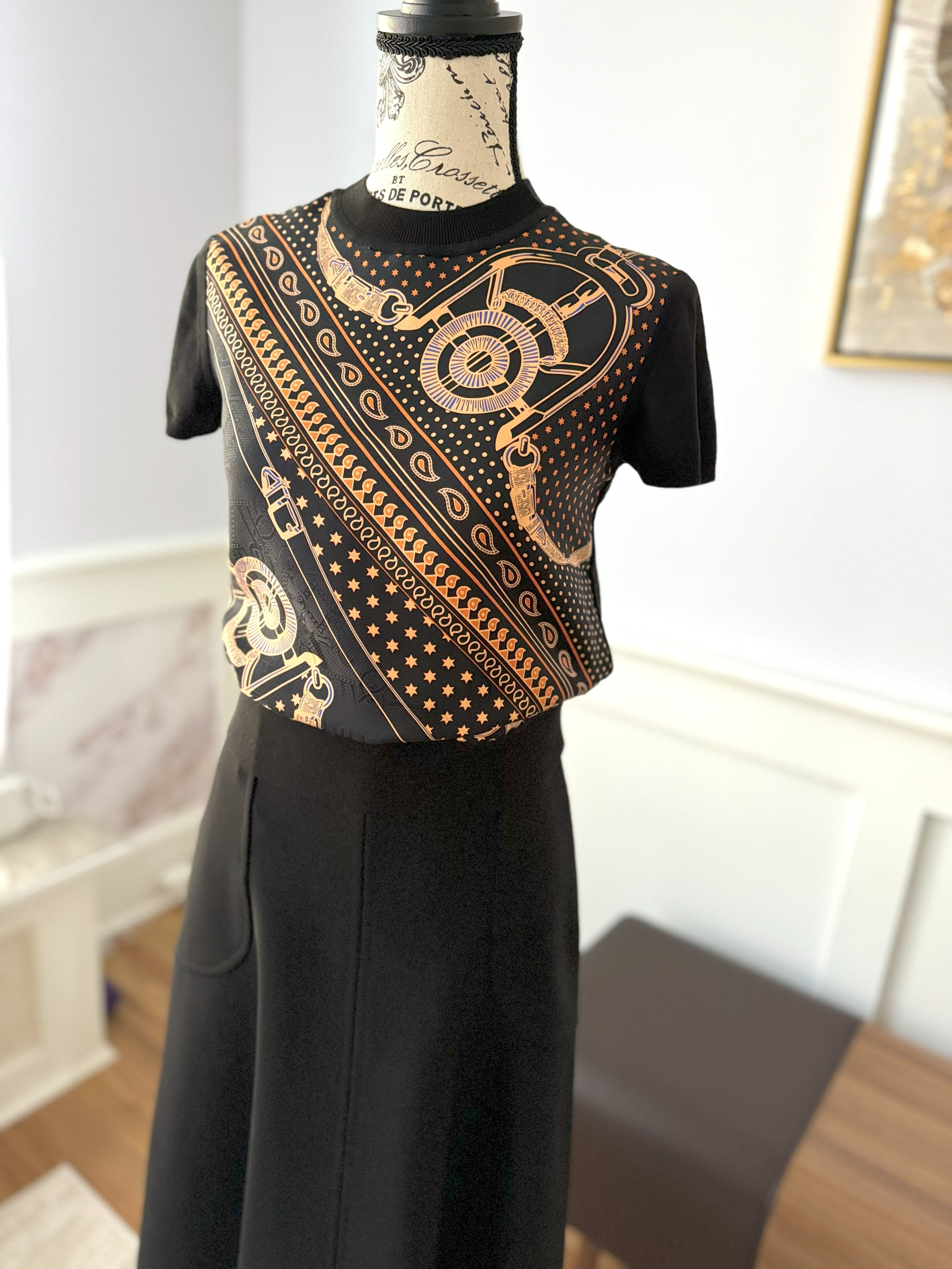 NEW Hermes Eperon D’or Bandana Short-sleeve Twillaine Pullover Noir Black sz 34