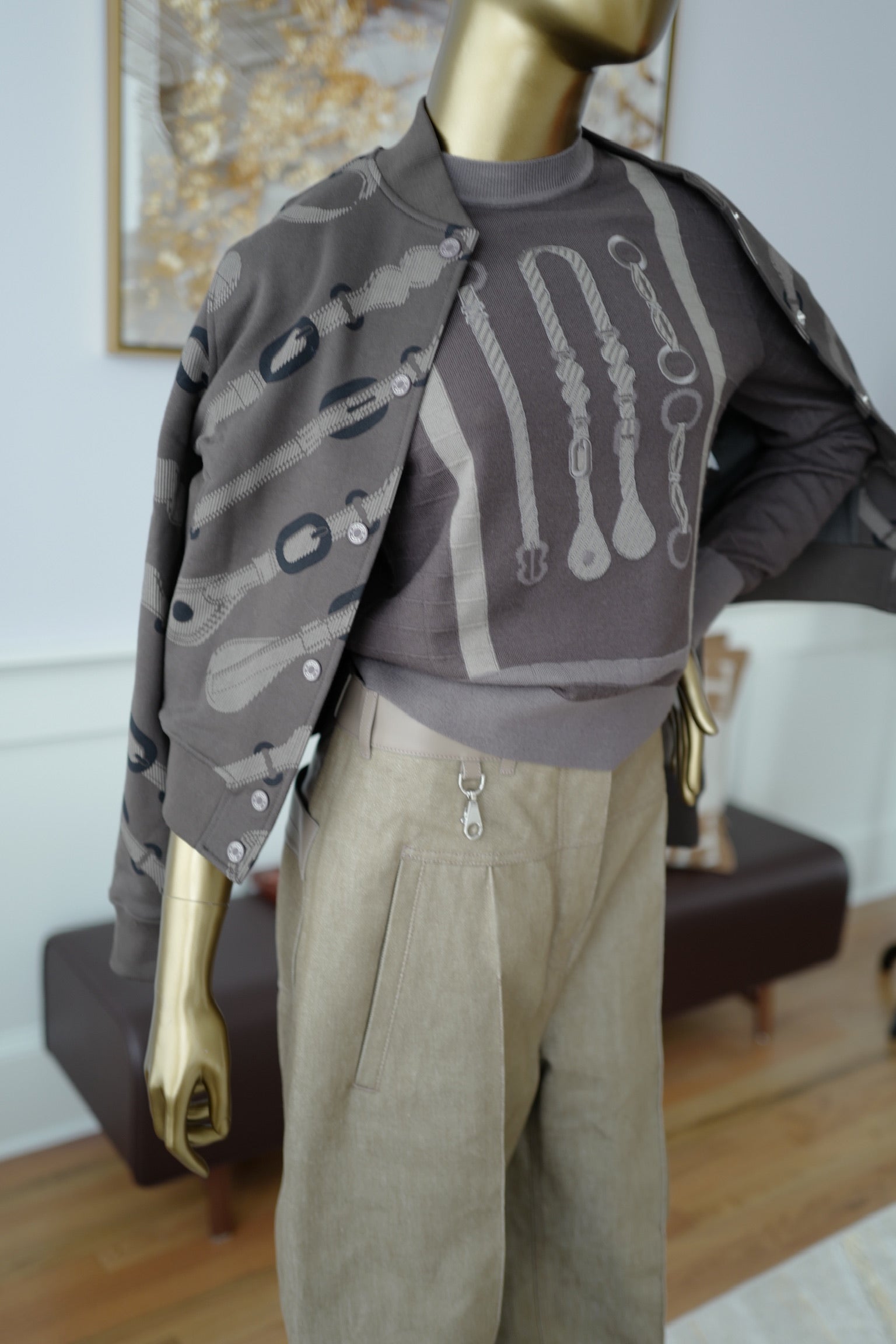 NEW Hermès SS25 Long-sleeved “Coaching” Pattern Sweater Marron Fusain - Size 36