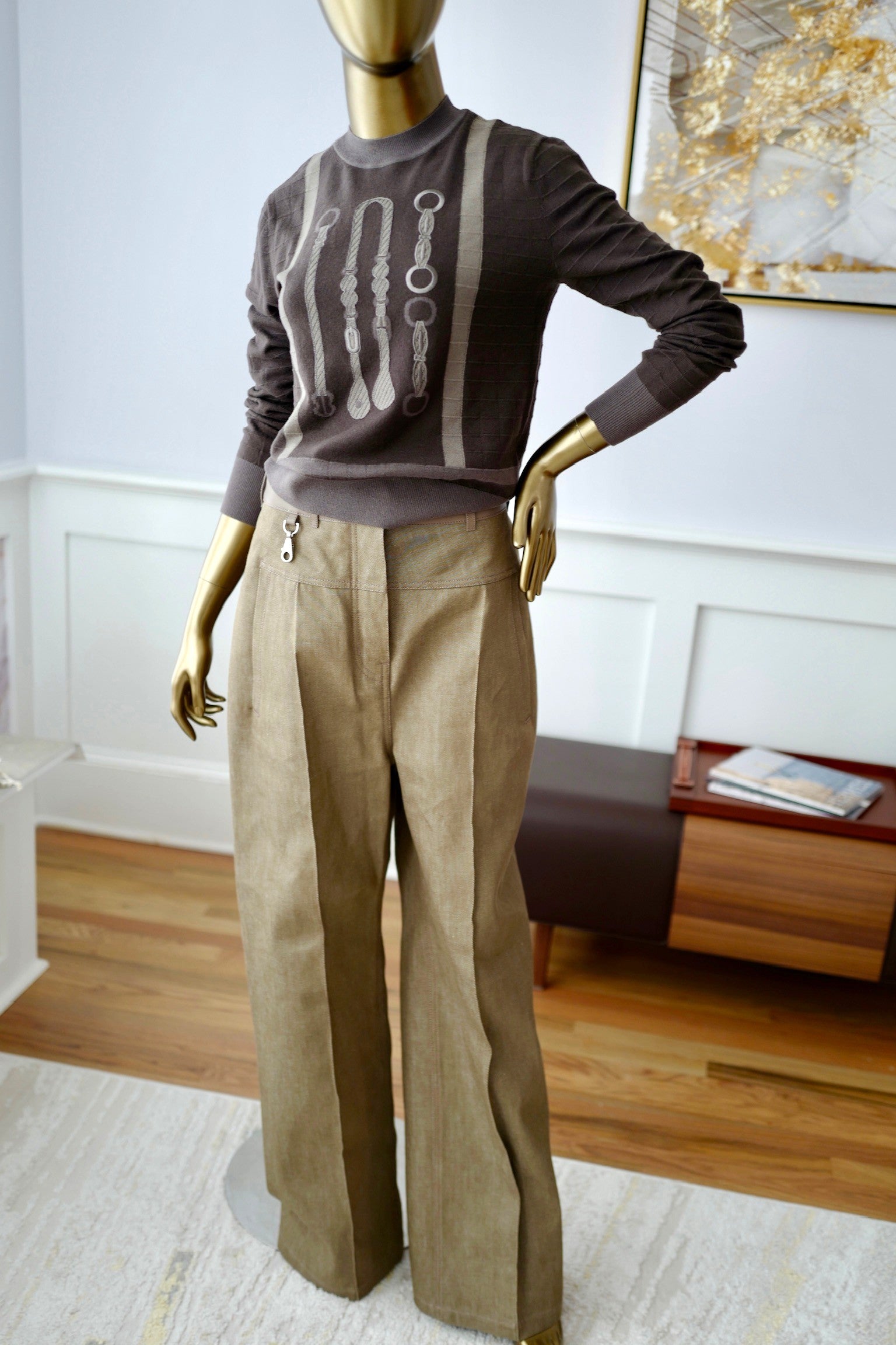 NEW Hermès SS25 Long-sleeved “Coaching” Pattern Sweater Marron Fusain - Size 36