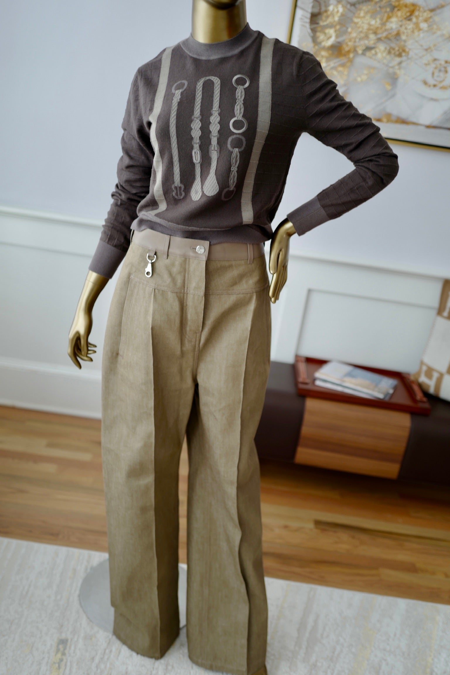 NEW Hermès SS25 Loose-Fit Pants with Leather Detail Denim Naturel/Vert - Size 38