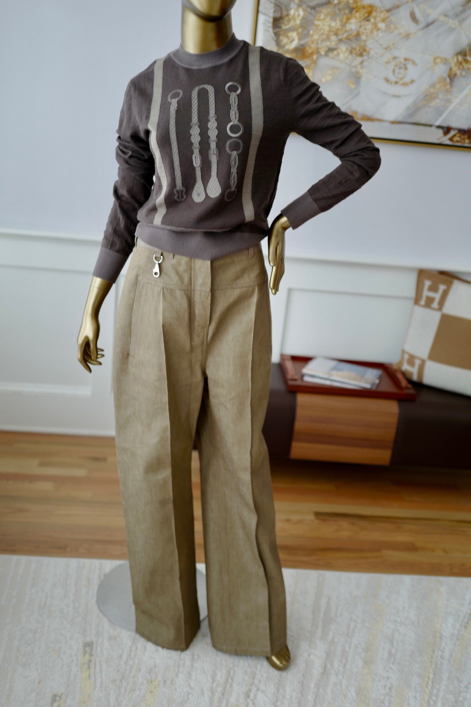 NEW Hermès SS25 Long-sleeved “Coaching” Pattern Sweater Marron Fusain - Size 36
