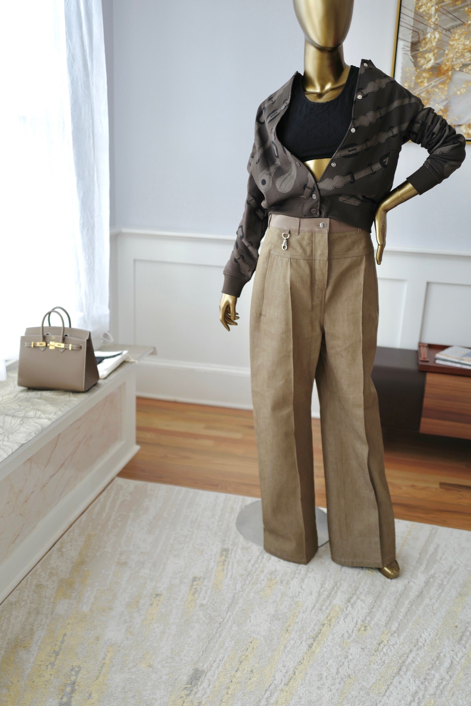NEW Hermès SS25 Loose-Fit Pants with Leather Detail Denim Naturel/Vert - Size 38